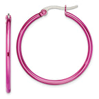 Chisel Stainless Steel Polished Pink IP-plated 32mm Diameter 2mm Hoop Earrings
