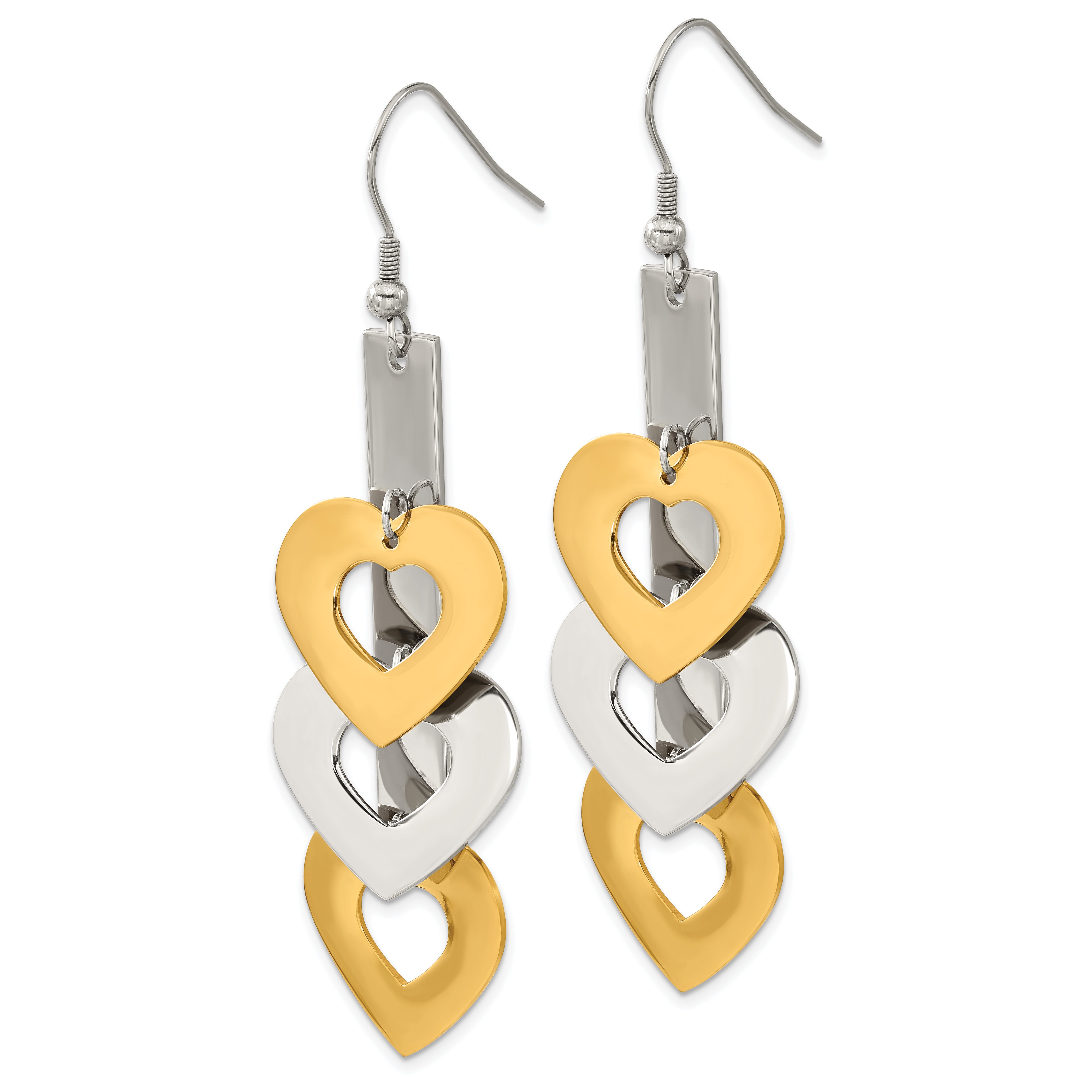 Stainless Steel Gold-Tone Heart Dangle Earrings with Polished Finish