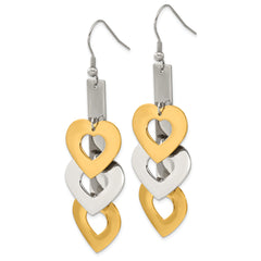 Stainless Steel Yellow IP-plated & Polished Hearts Dangle Earrings