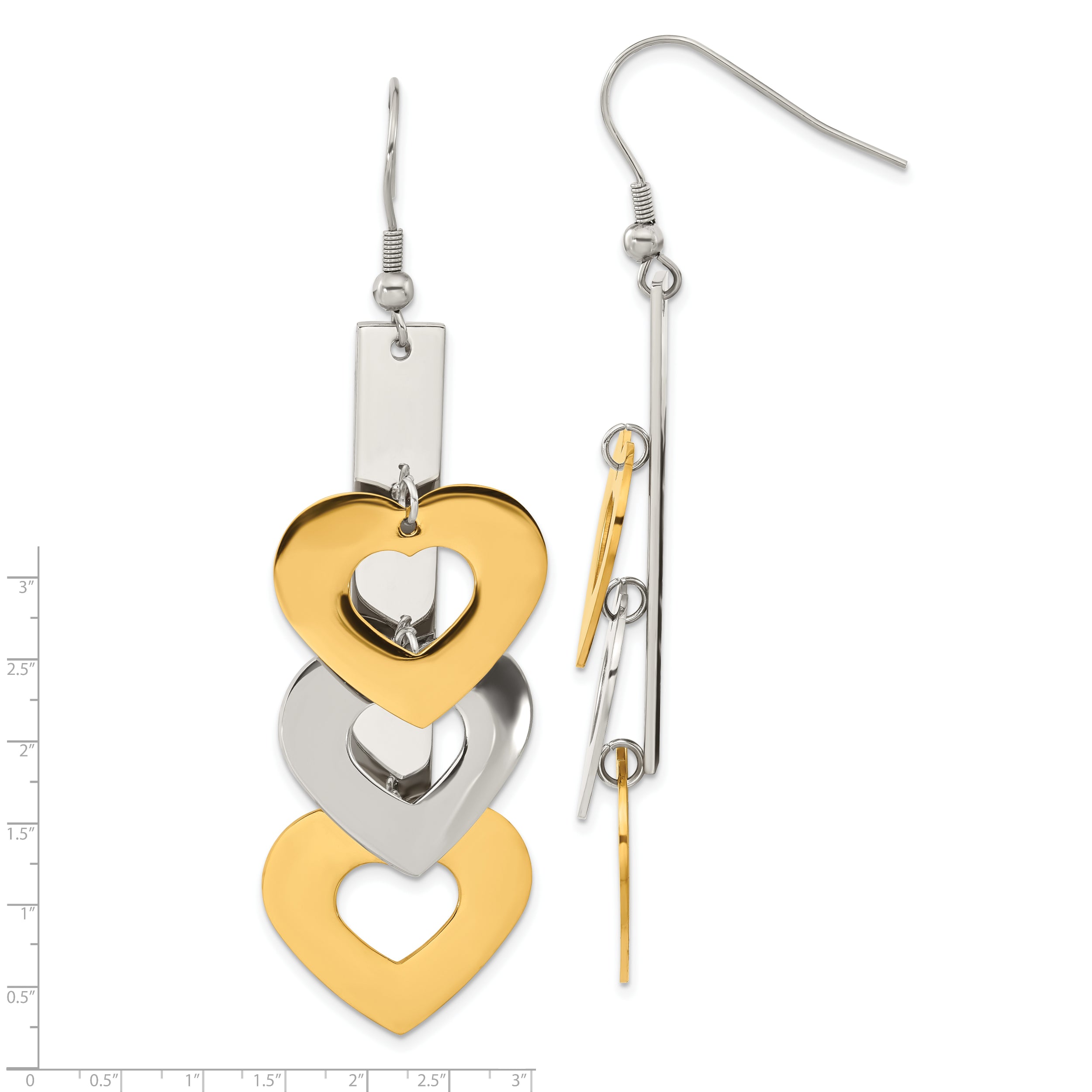 Stainless Steel Gold-Tone Heart Dangle Earrings with Polished Finish
