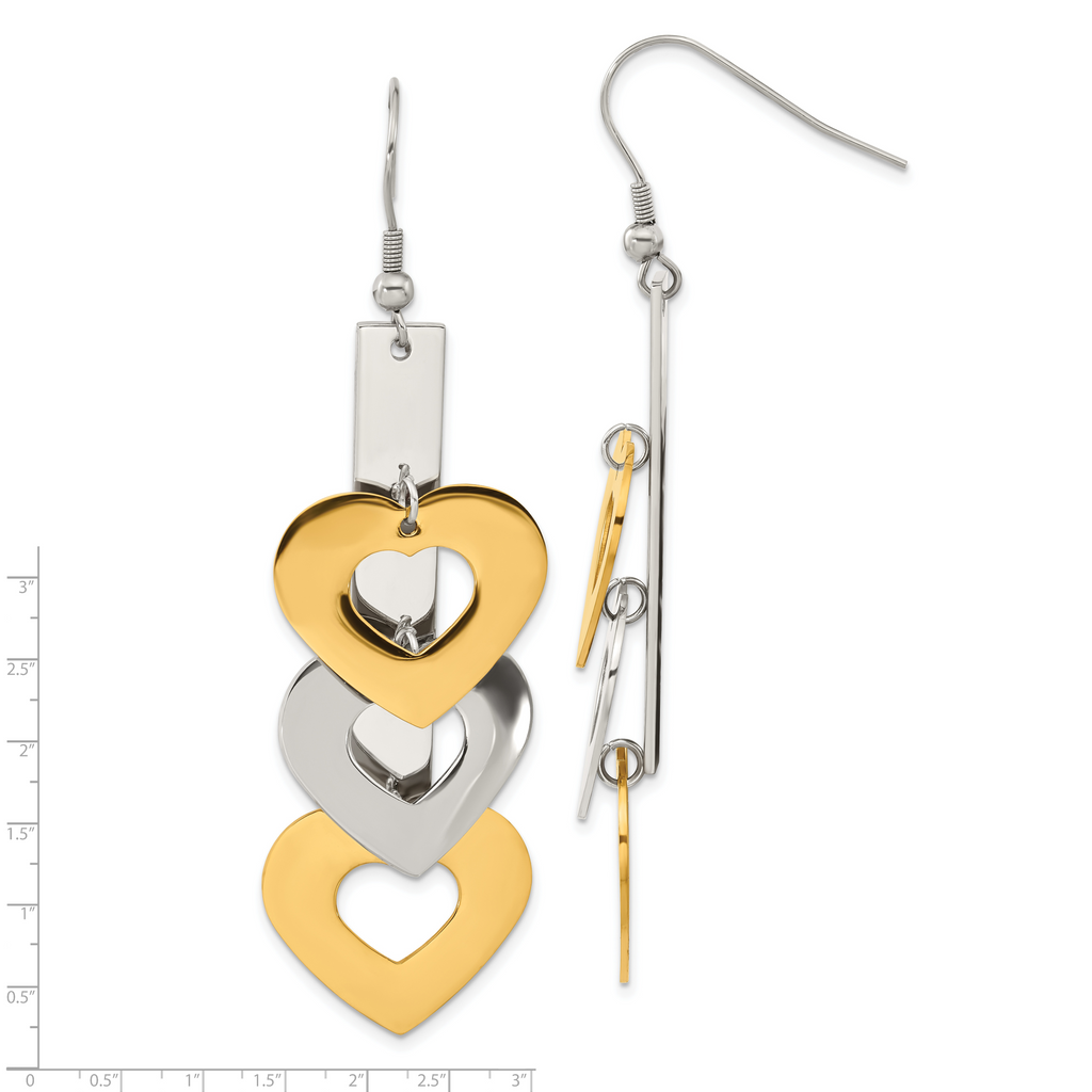 Stainless Steel Gold-Tone Heart Dangle Earrings with Polished Finish