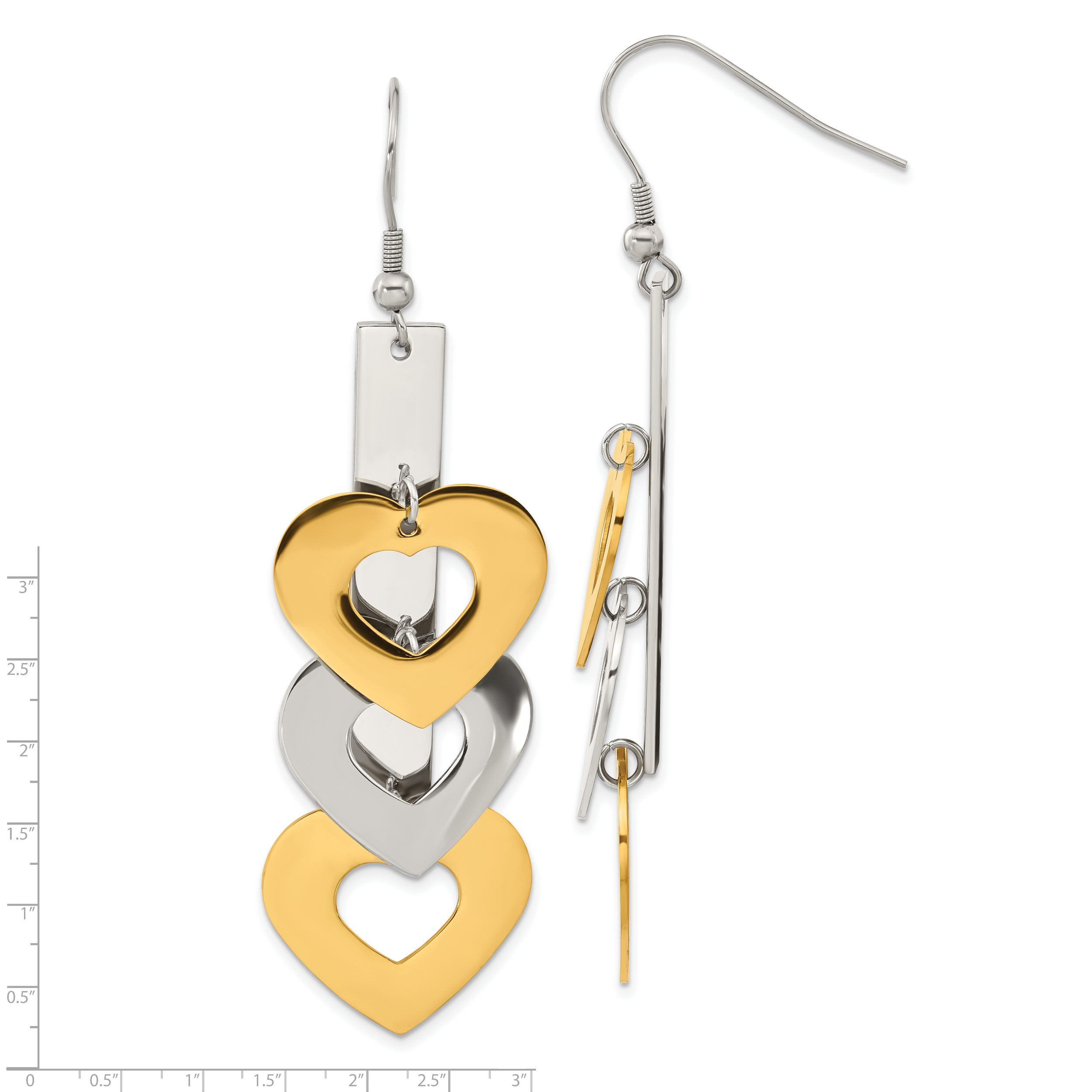 Stainless Steel Gold-Tone Heart Dangle Earrings with Polished Finish