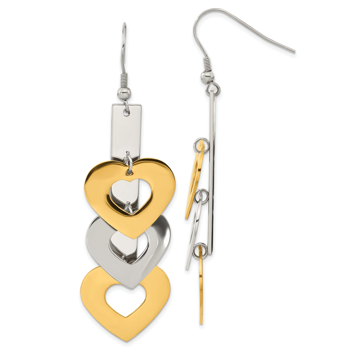 Stainless Steel Yellow IP-plated & Polished Hearts Dangle Earrings