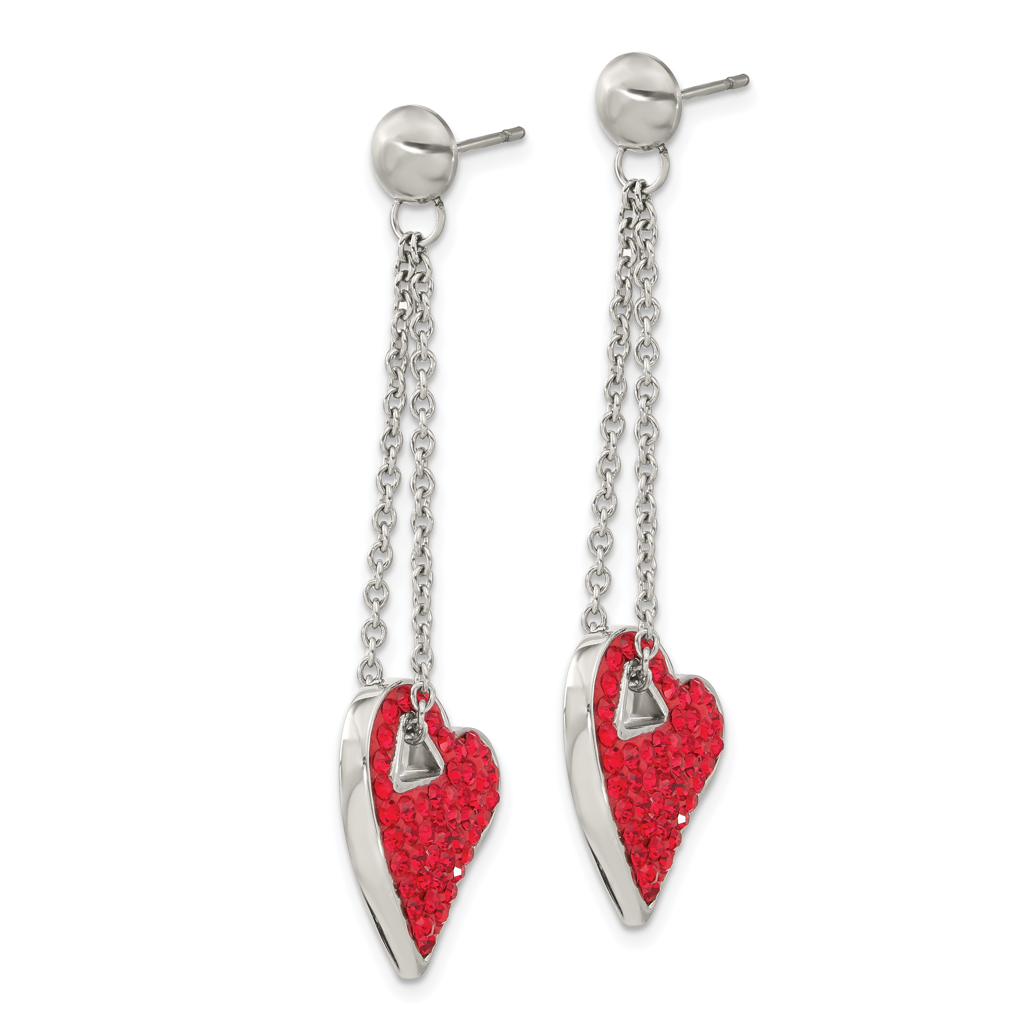 Stainless Steel Red Crystal Heart Post Dangle Earrings
