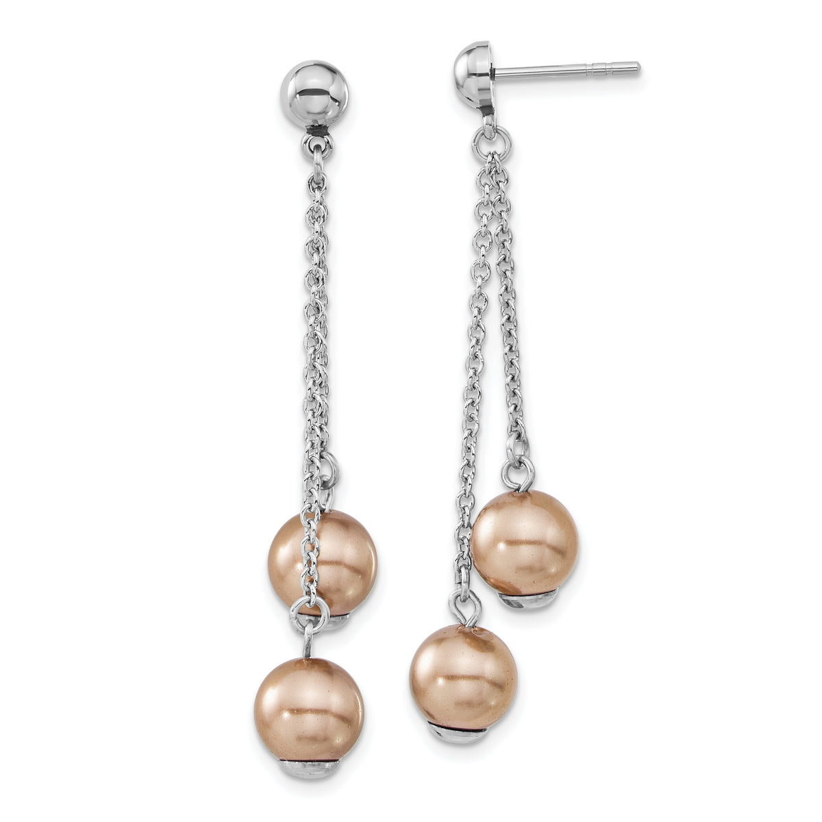 Stainless Steel Champagne Simulated Pearl Post Dangle Earrings