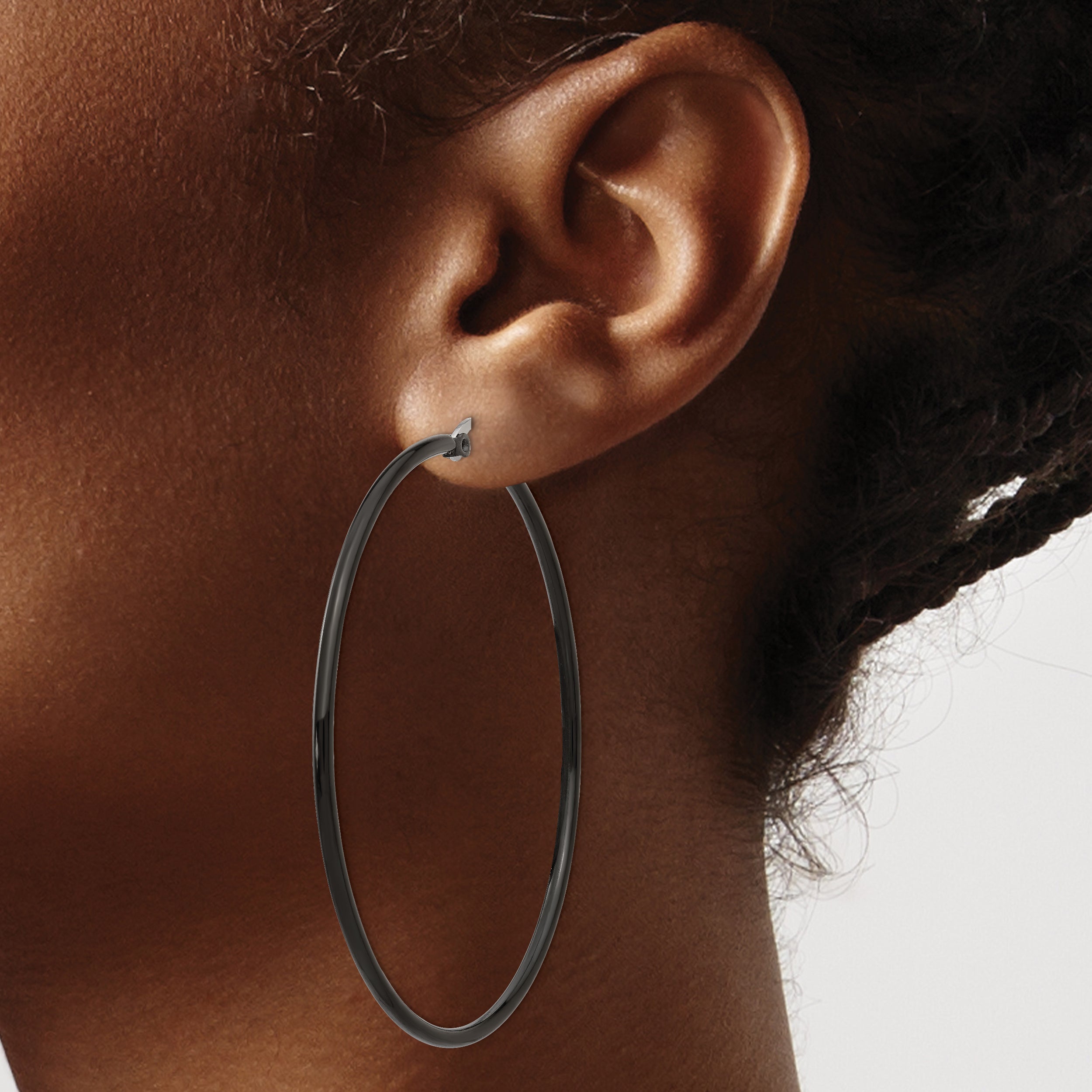 Chisel Stainless Steel Polished Black IP-plated 60mm Diameter 2mm Hoop Earrings