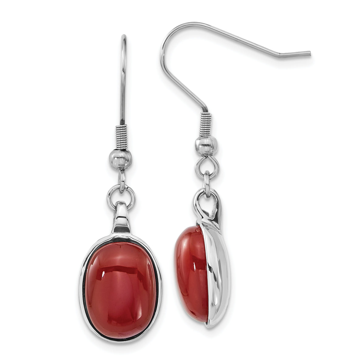 Stainless Steel Red Agate Oval Dangle Earrings