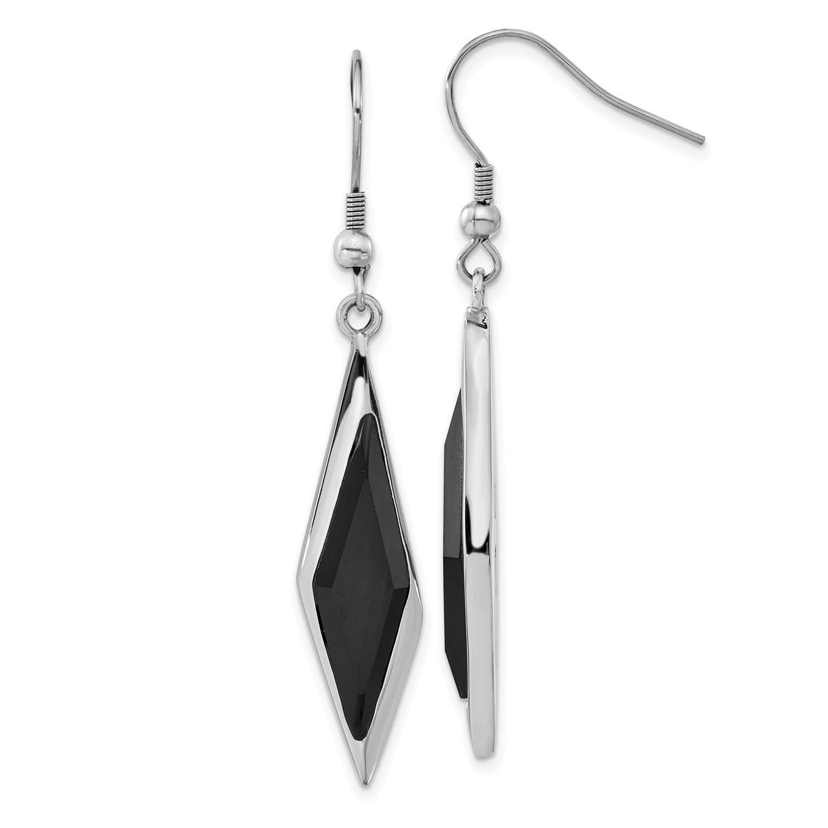 Stainless Steel Black Glass Polished Fancy Dangle Earrings