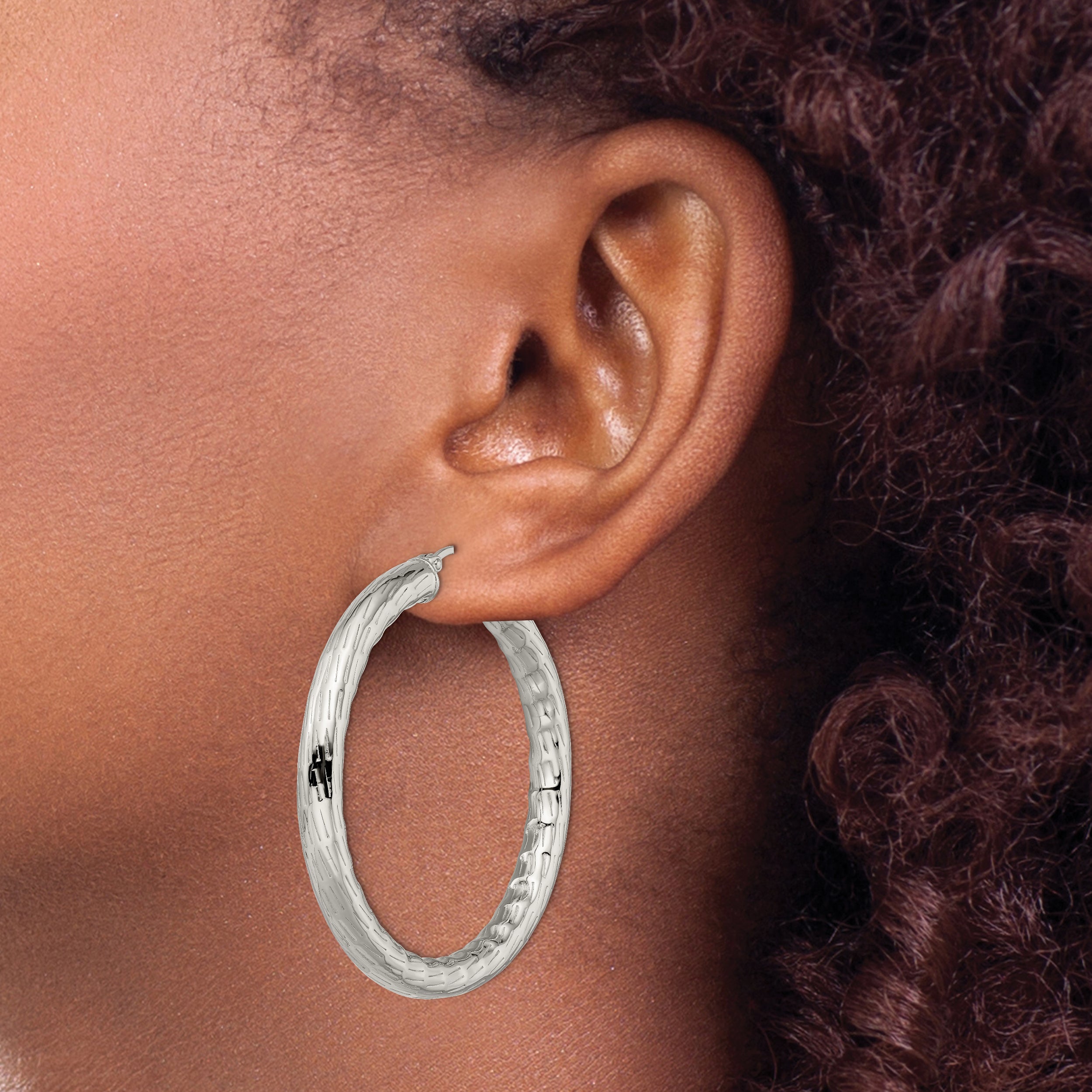 Chisel Stainless Steel Polished and Textured Hollow Hoop Earrings