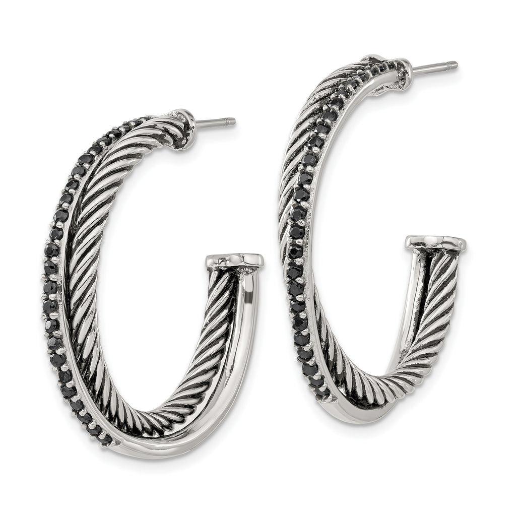 Twisted Black CZ Hoop Earrings in Stainless Steel
