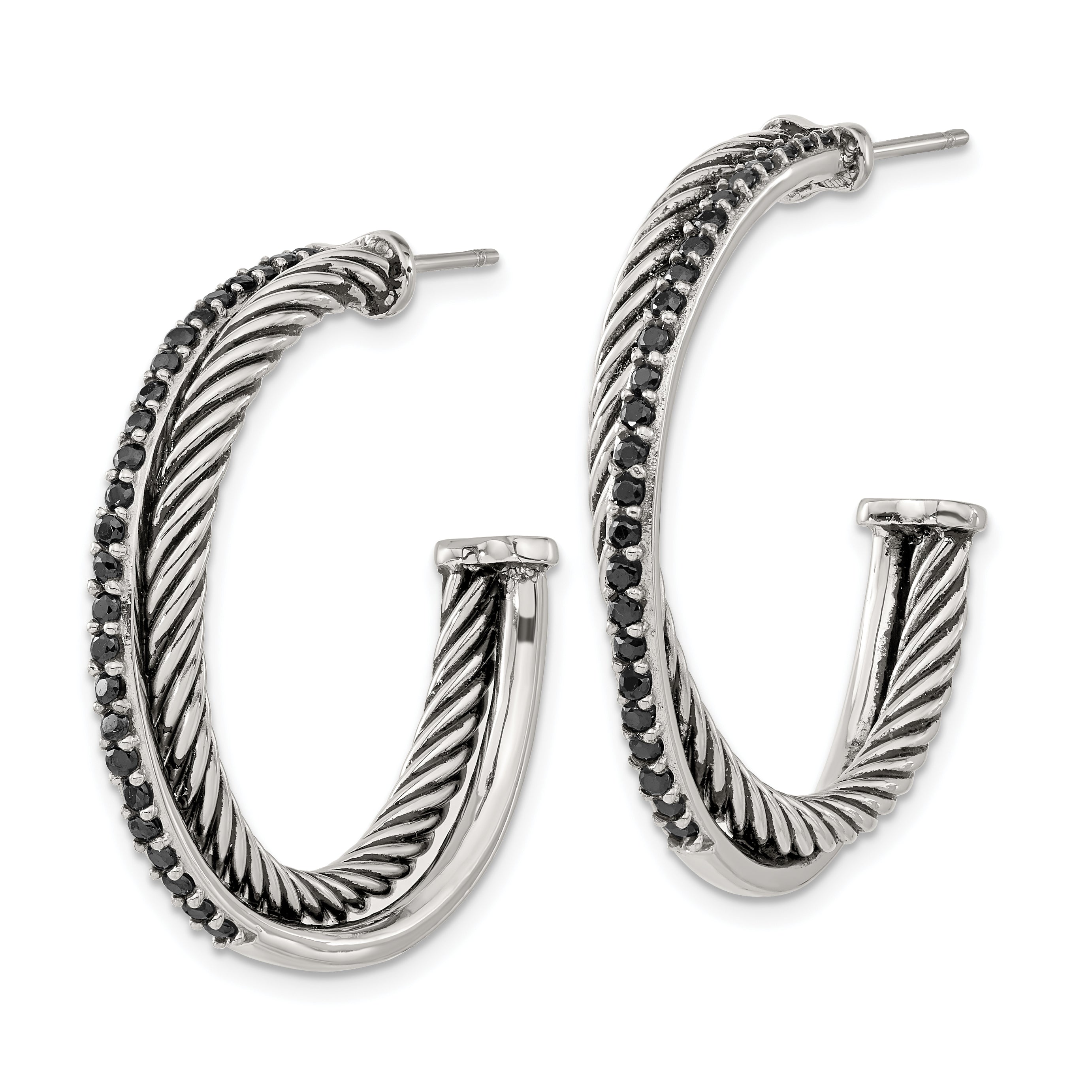 Twisted Black CZ Hoop Earrings in Stainless Steel