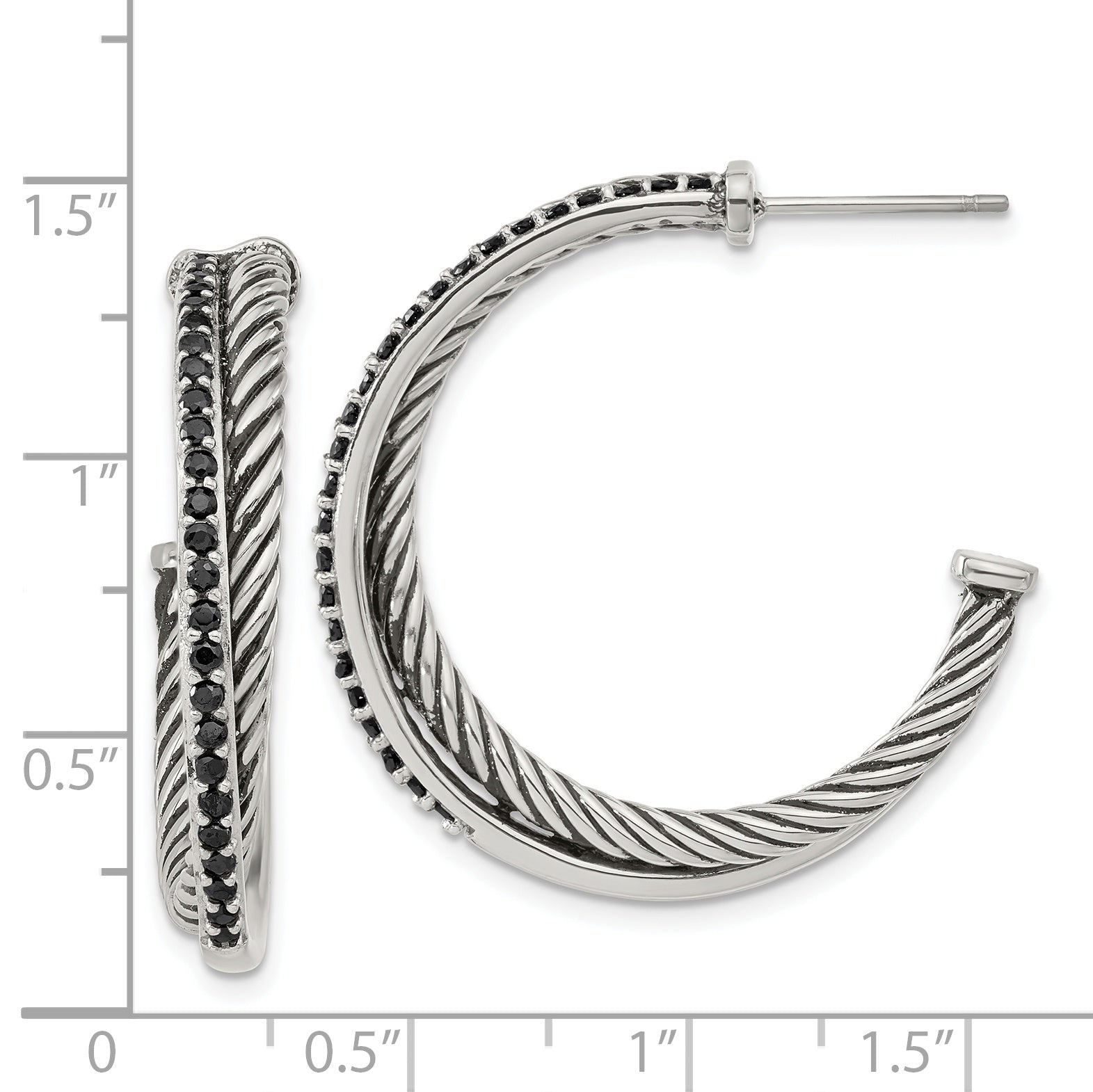 Twisted Black CZ Hoop Earrings in Stainless Steel