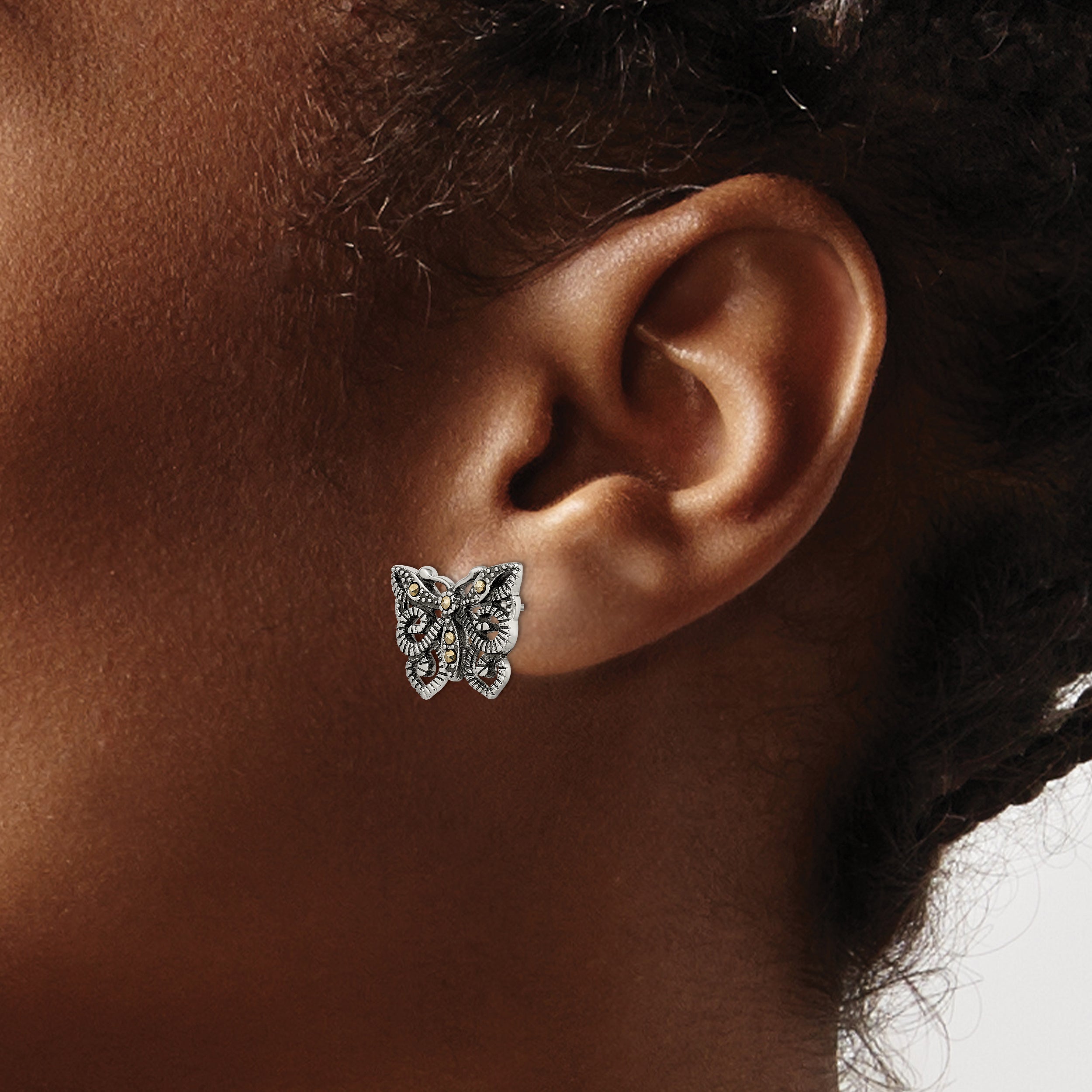 Stainless Steel Antiqued and Polished Marcasite Butterfly Post Earrings