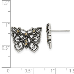 Stainless Steel Marcasite Butterfly Earrings with Polished Antiqued Finish
