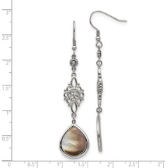 Chisel Stainless Steel Polished Black Mother of Pearl and CZ Dangle Shepherd Hook Earrings