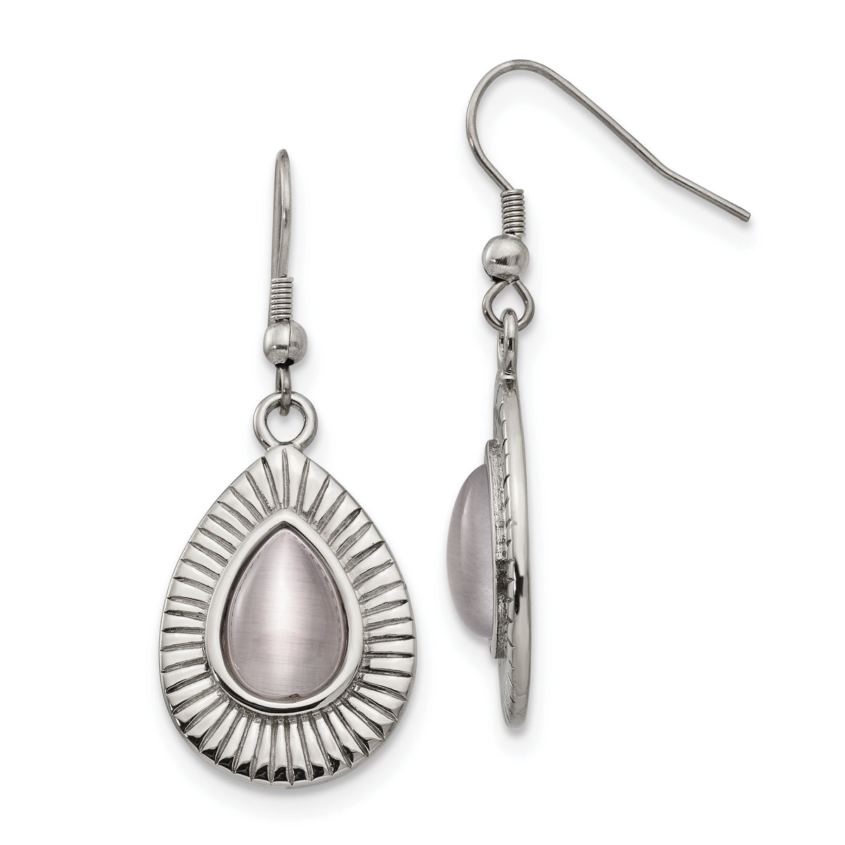 Stainless Steel Polished Grey Cat's Eye Shepherd Hook Earrings