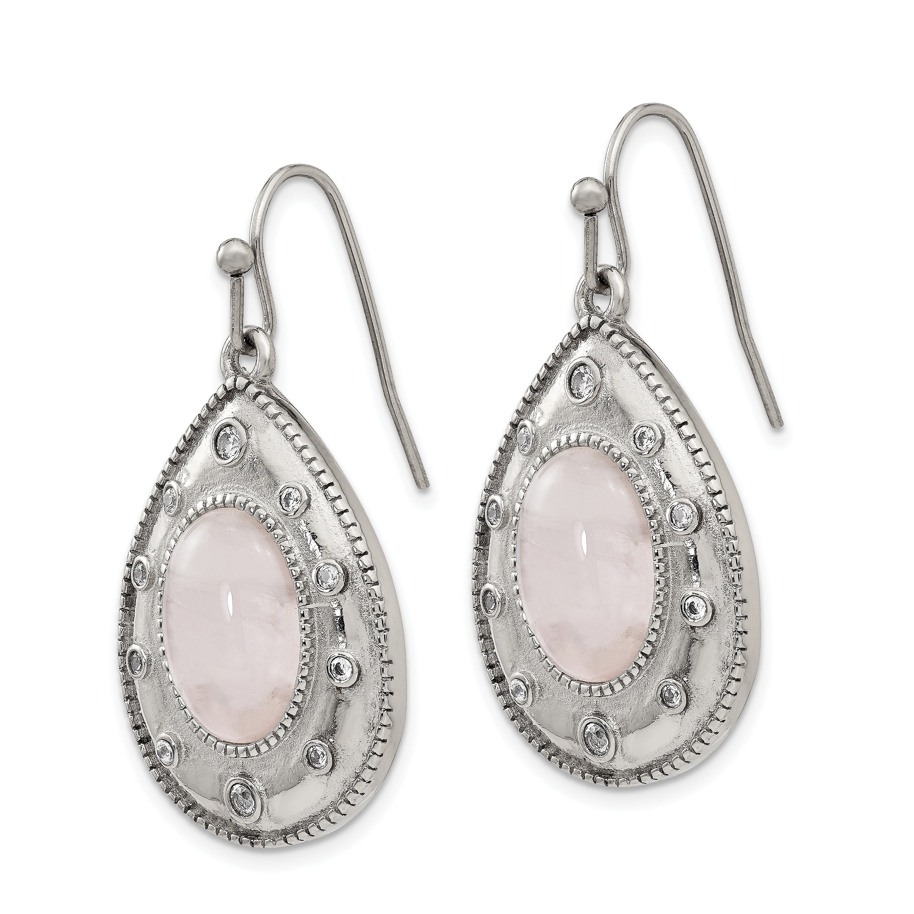 Rose Quartz & CZ Drop Earrings in Stainless Steel