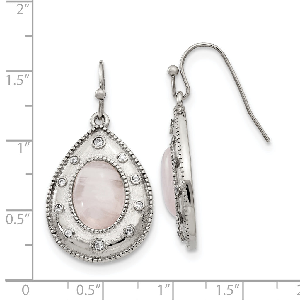 Rose Quartz & CZ Drop Earrings in Stainless Steel