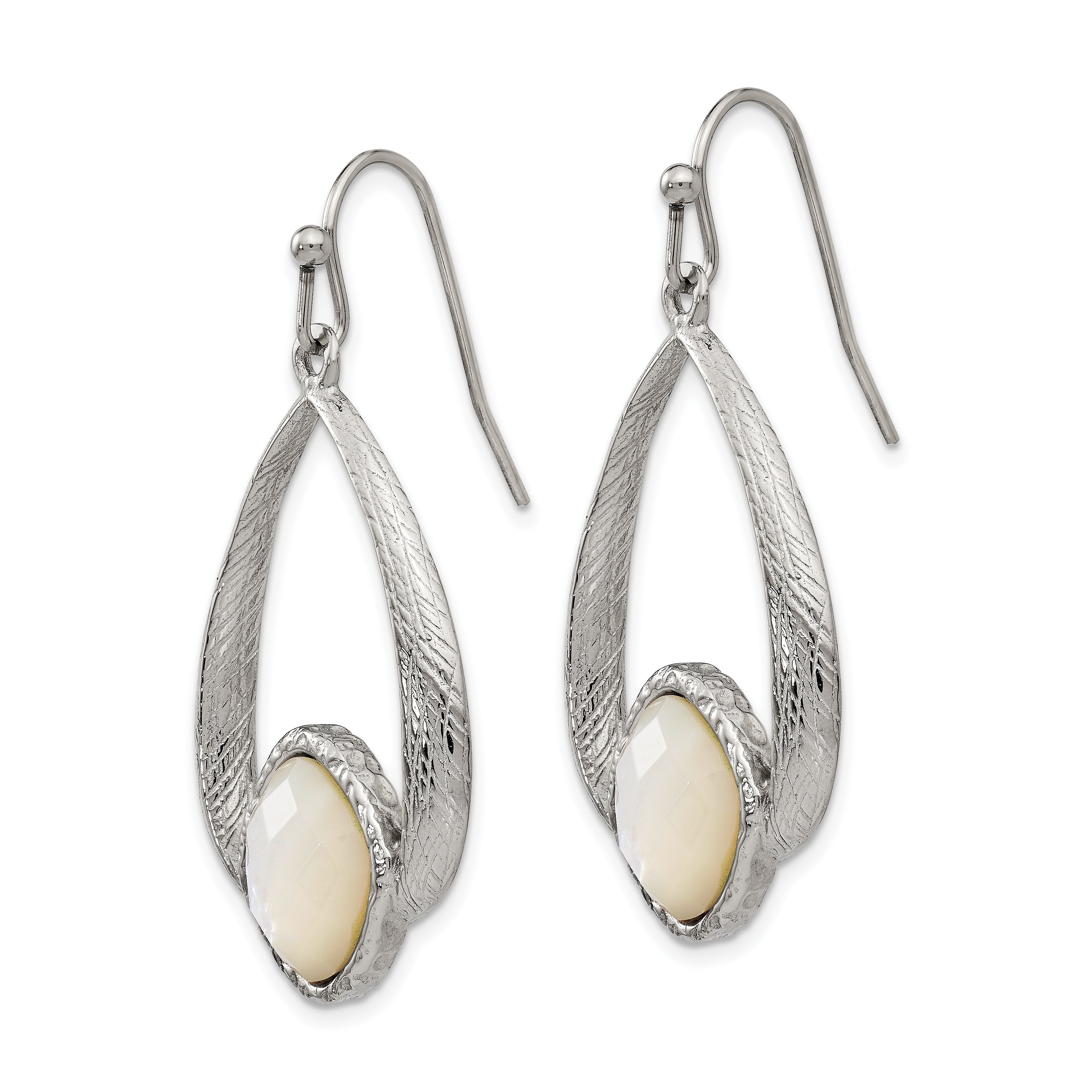 Chisel Stainless Steel Polished and Textured Mother of Pearl Dangle Shepherd Hook Earrings