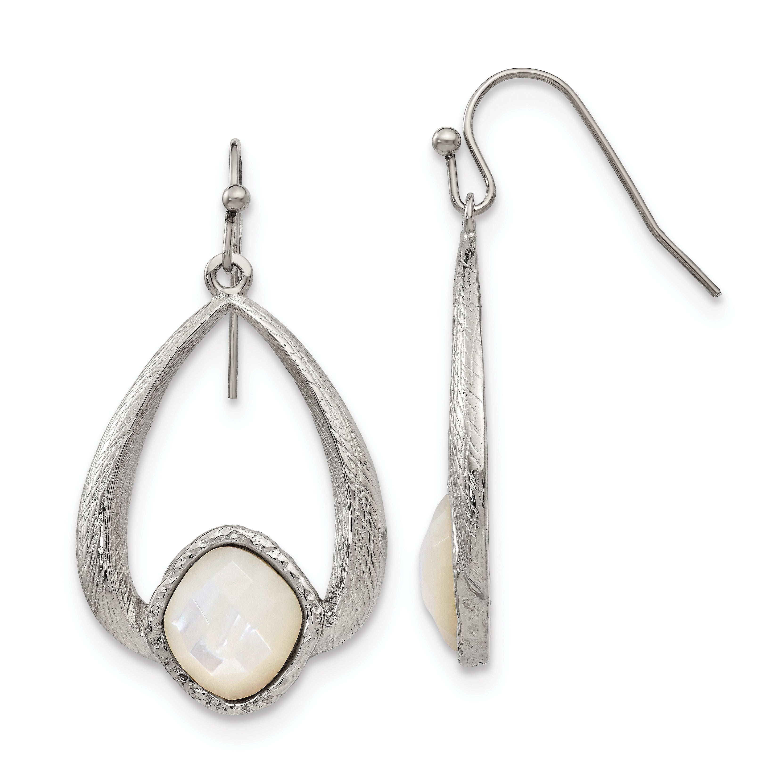 Chisel Stainless Steel Polished and Textured Mother of Pearl Dangle Shepherd Hook Earrings Main image