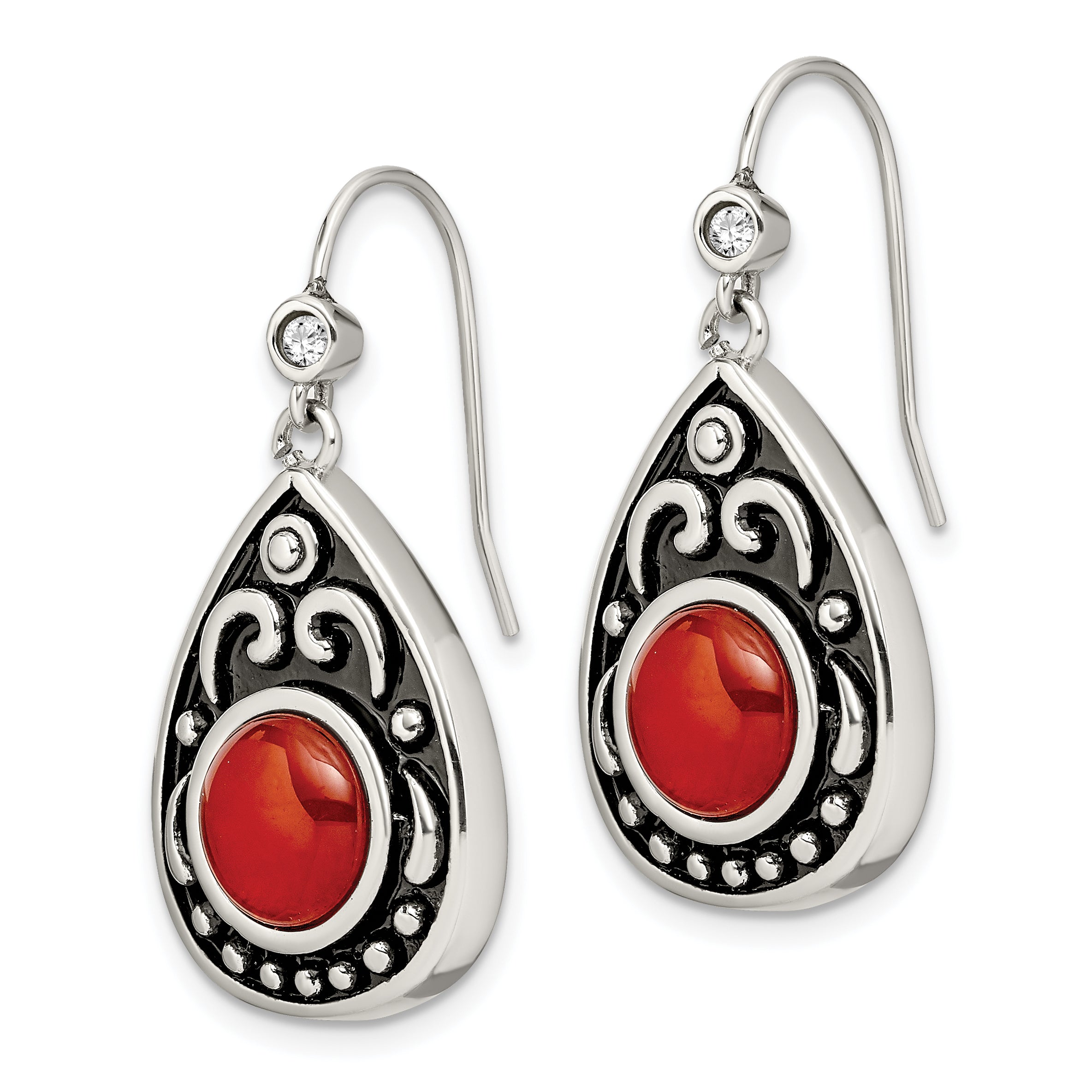 Stainless Steel Antiqued and Polished Red Agate & CZ Dangle Earrings