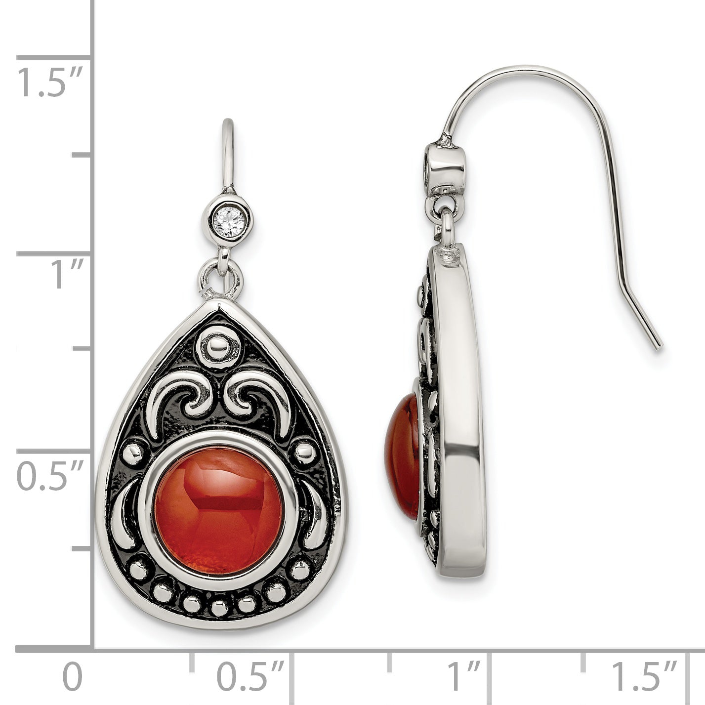 Stainless Steel Antiqued and Polished Red Agate & CZ Dangle Earrings