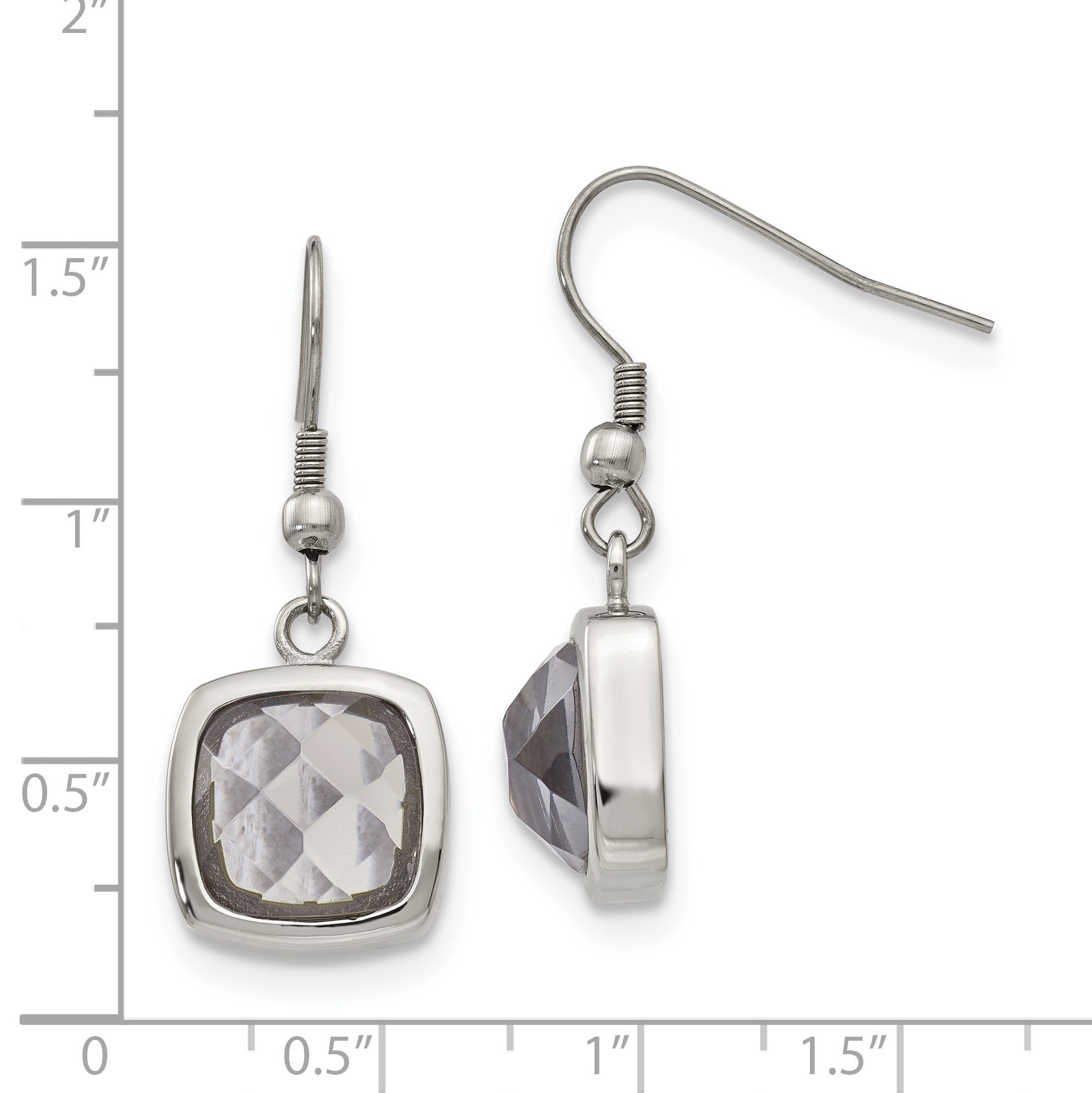 Chisel Stainless Steel Polished Square Grey Glass Dangle Shepherd Hook Earrings