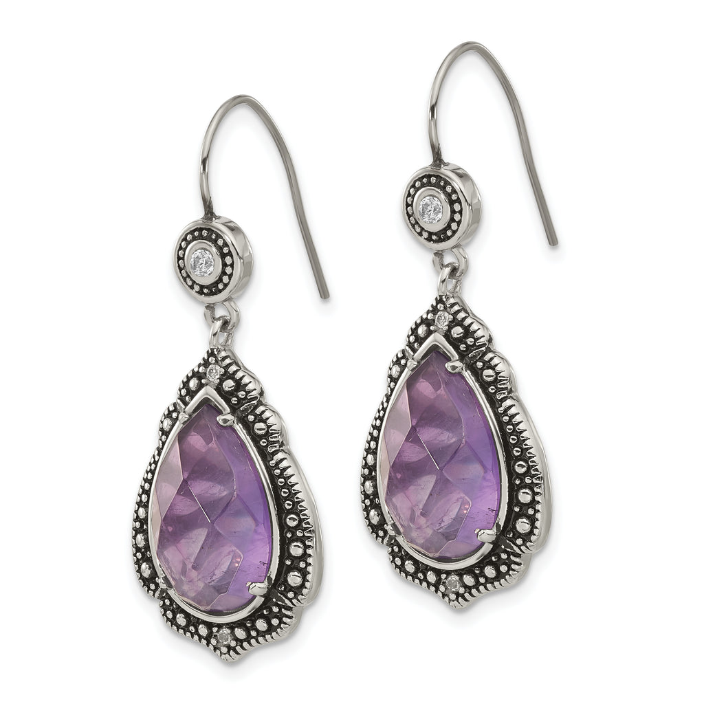 Sophia Jewelers Stainless Steel CZ Dangle Earrings with Polished Antiqued Finish