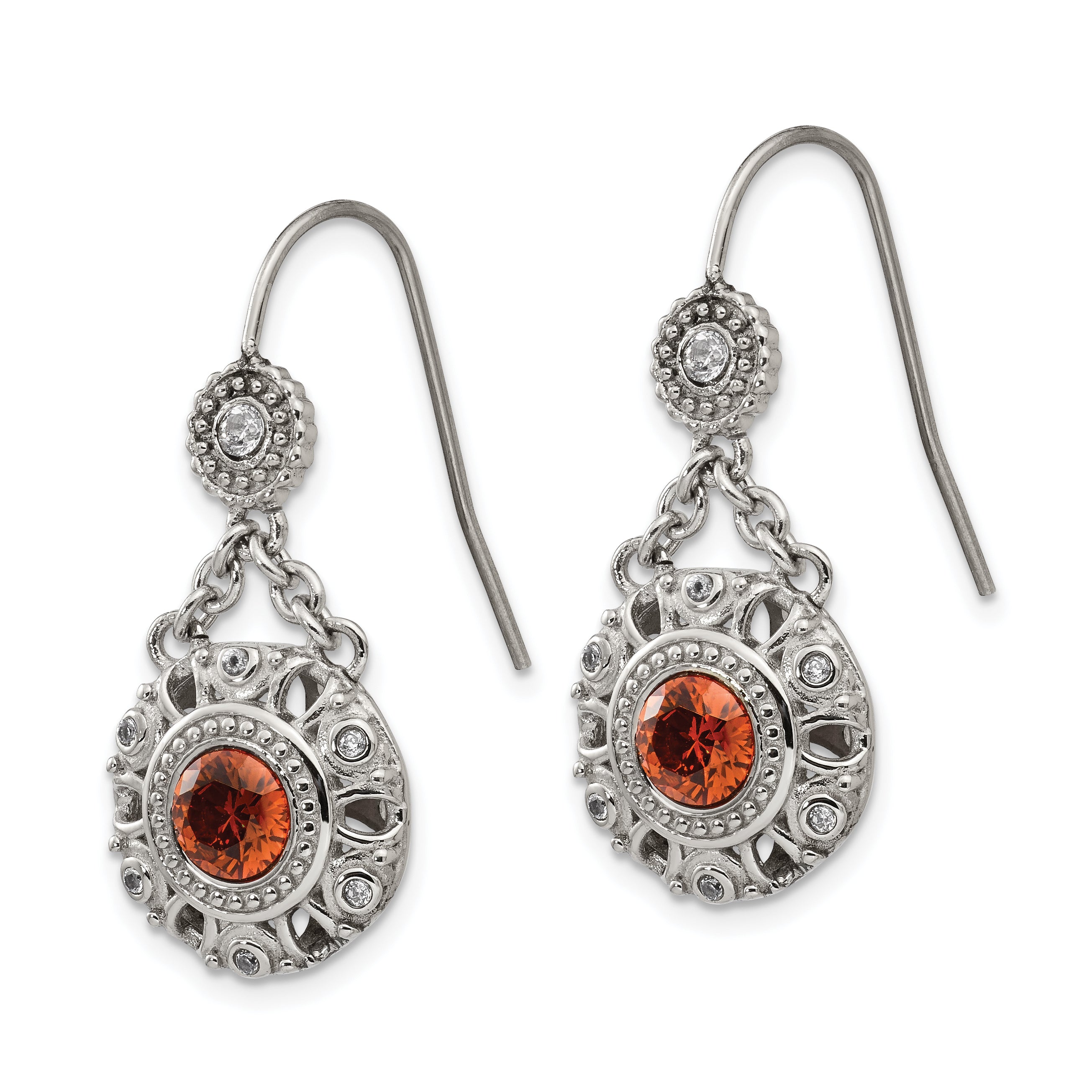 Chisel Stainless Steel Polished Red and Clear CZ Circle Dangle Shepherd Hook Earrings