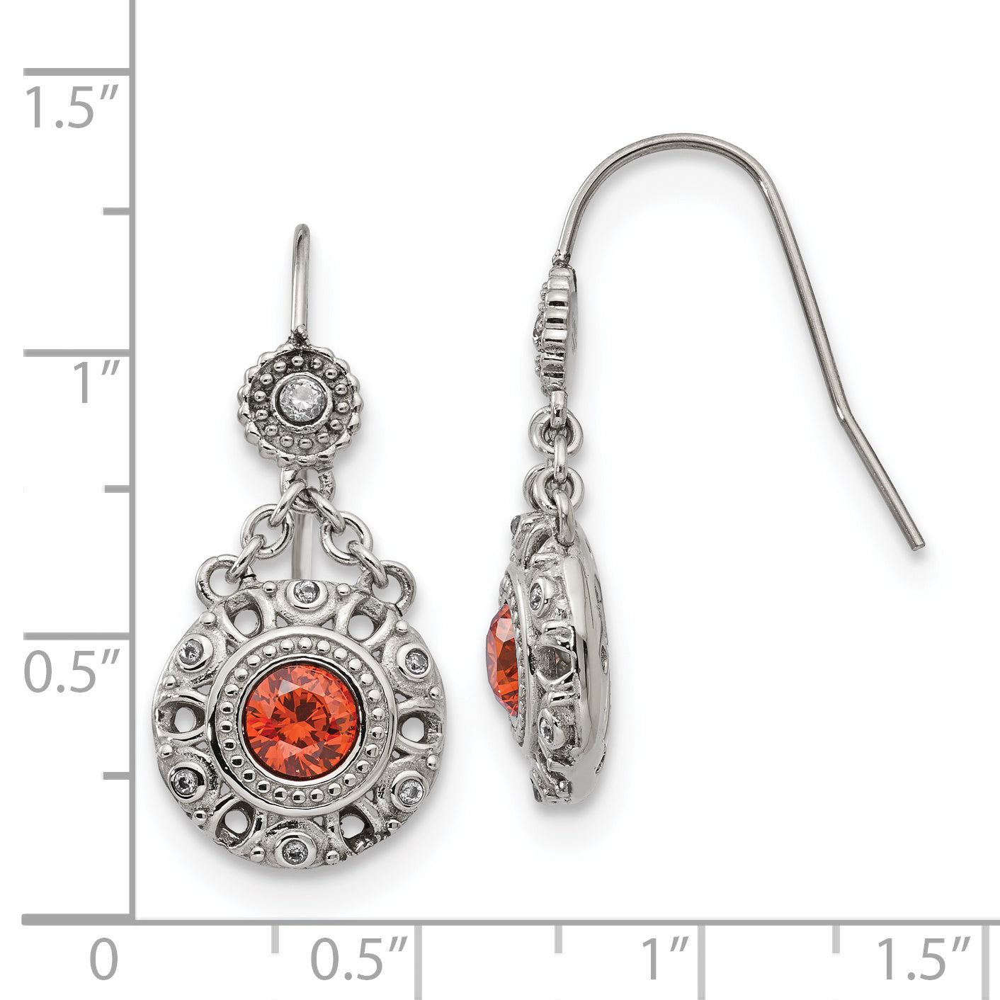 Chisel Stainless Steel Polished Red and Clear CZ Circle Dangle Shepherd Hook Earrings