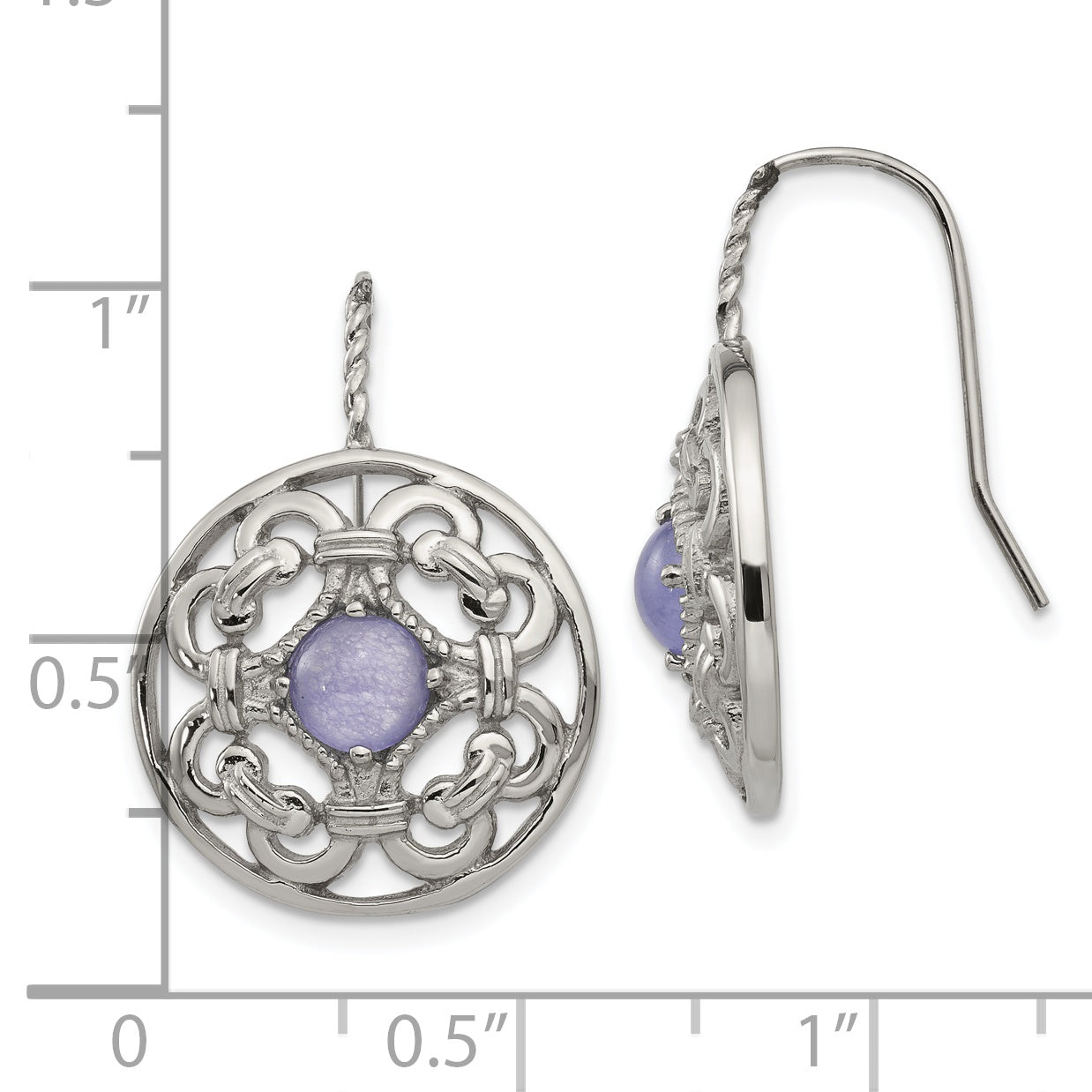 Polished Stainless Steel Purple Calcedony Dangle Earrings in Gift Pouch