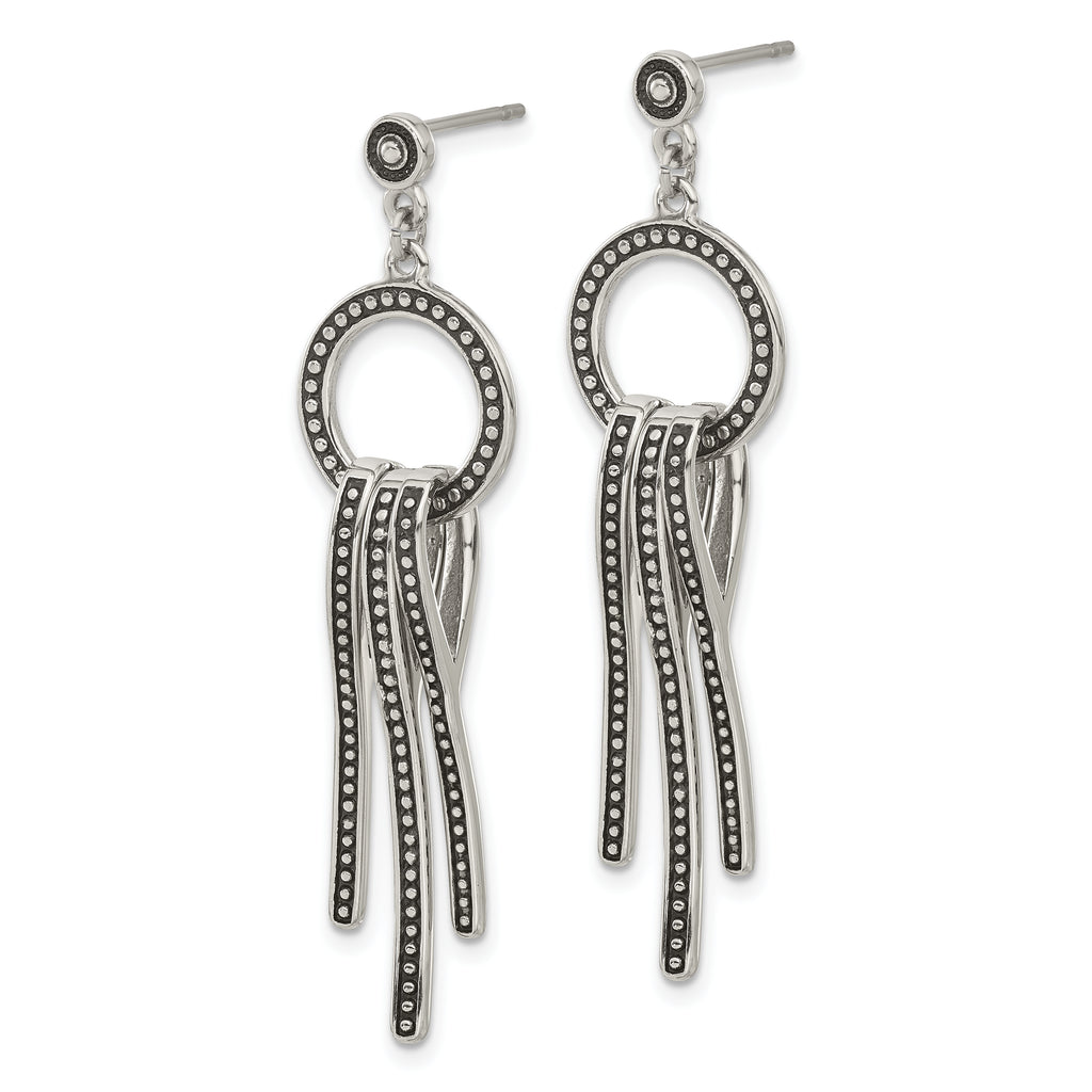 Polished & Antiqued Circle & Bar Dangle Earrings in Stainless Steel