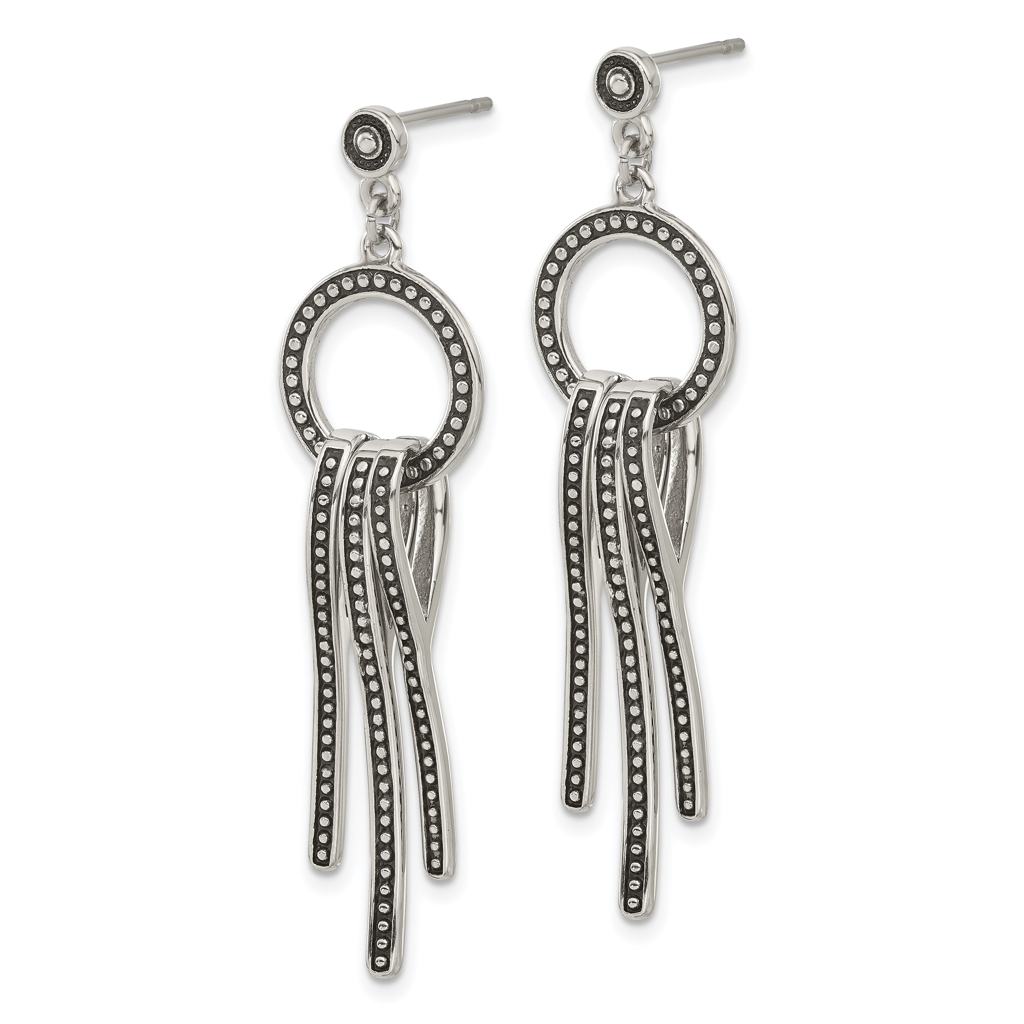 Polished & Antiqued Circle & Bar Dangle Earrings in Stainless Steel