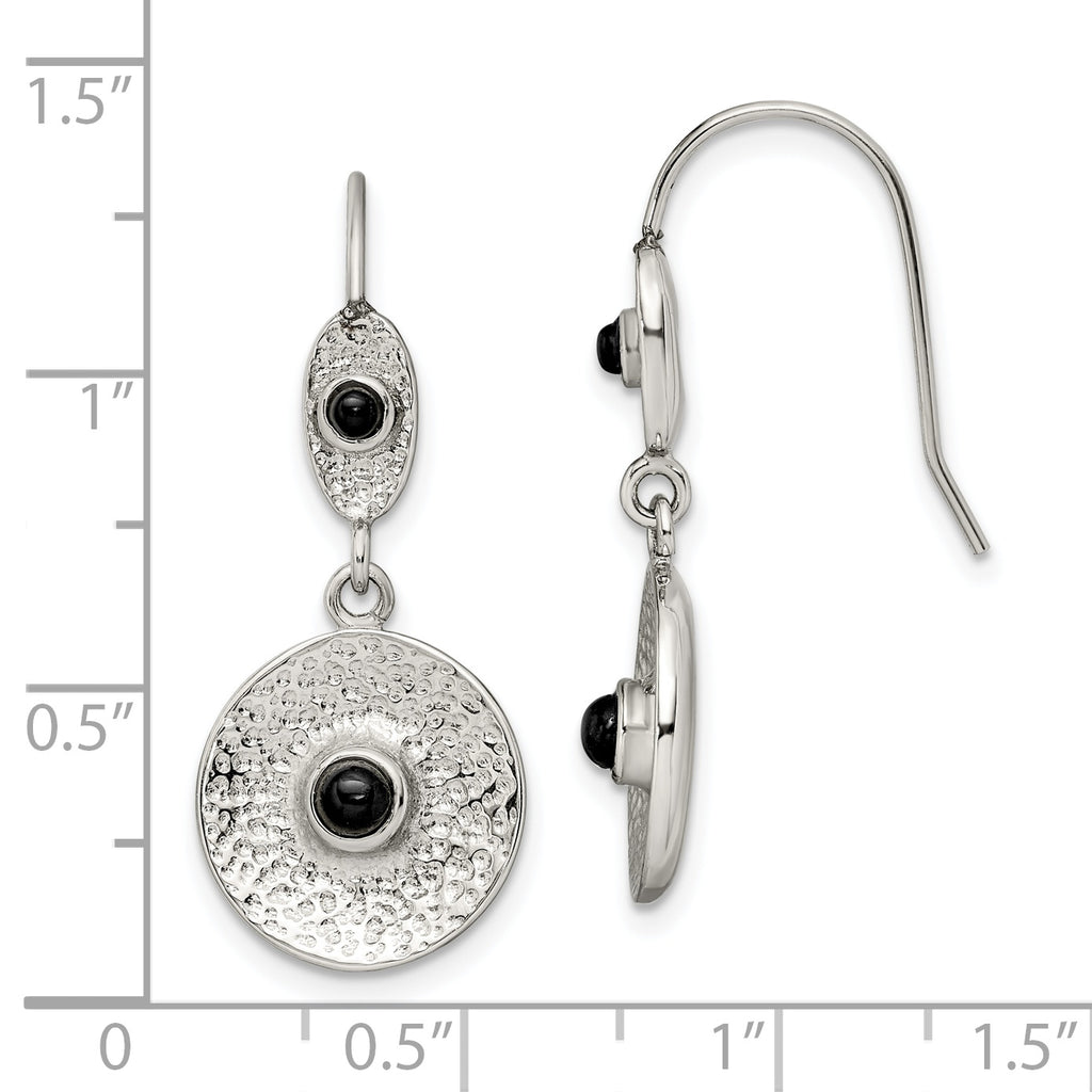 Stainless Steel Black Onyx Circle Earrings with Hammered Texture