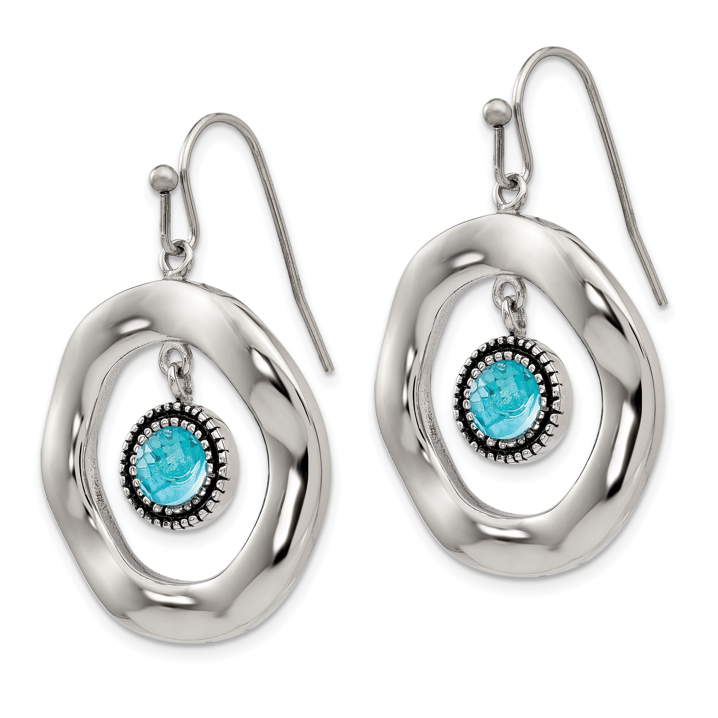 Stainless Steel Polished Drop Earrings with Blue Glass Accent