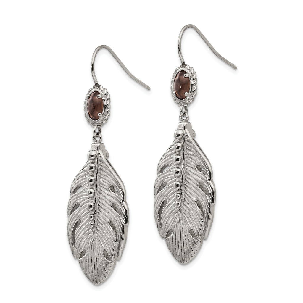 Smoky Quartz Feather Drop Earrings in Stainless Steel