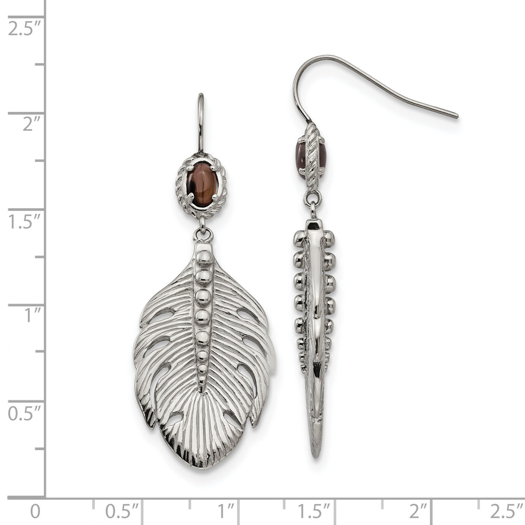 Smoky Quartz Feather Drop Earrings in Stainless Steel