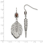 Smoky Quartz Feather Drop Earrings in Stainless Steel