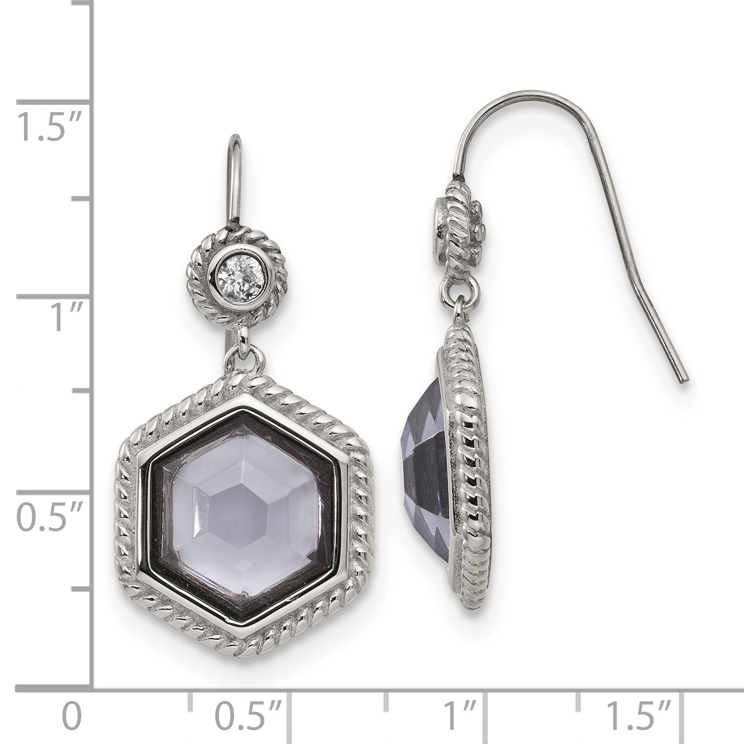 Grey Glass & CZ Drop Earrings in Stainless Steel