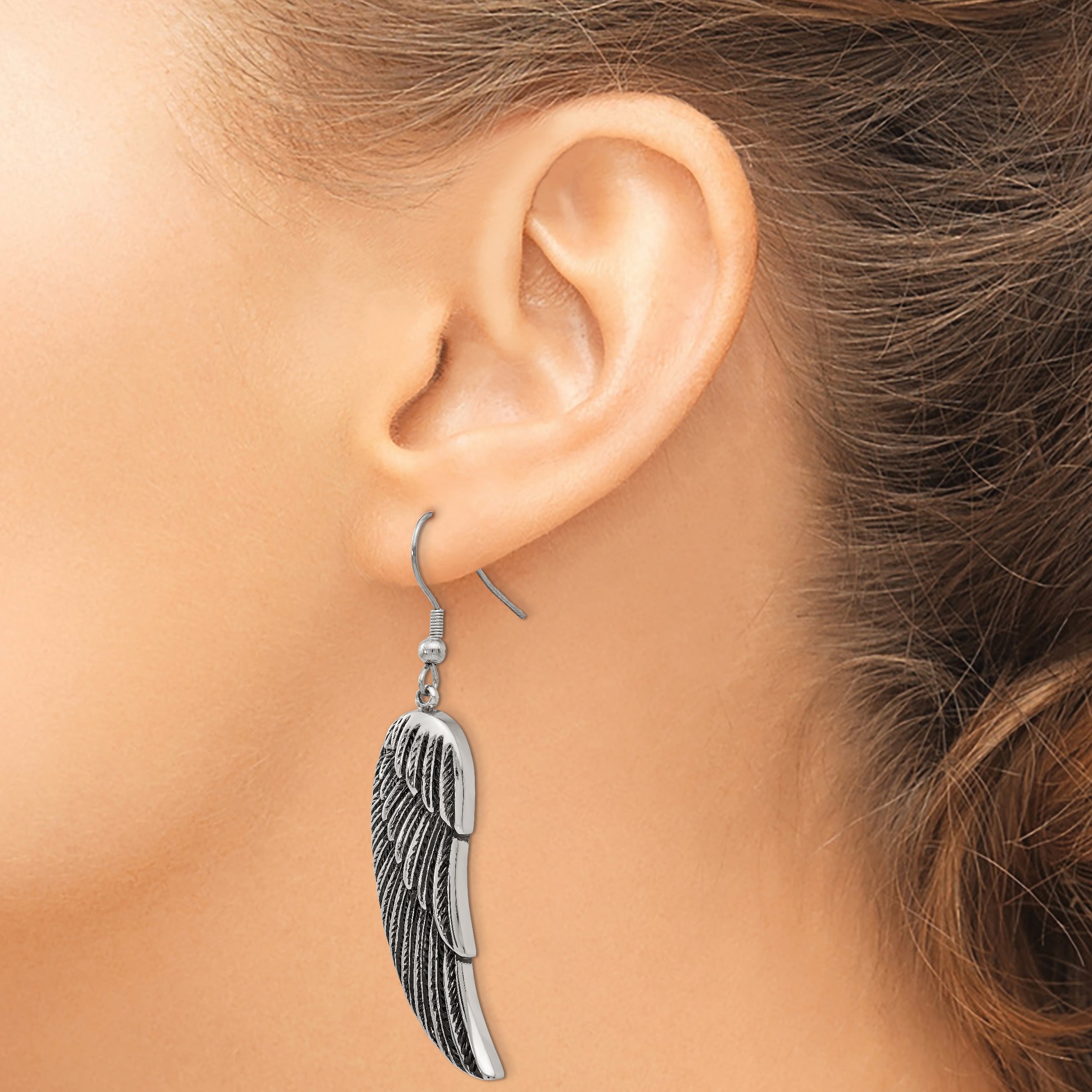 Stainless Steel Wing Dangle Earrings Polished Antiqued Gift Ready