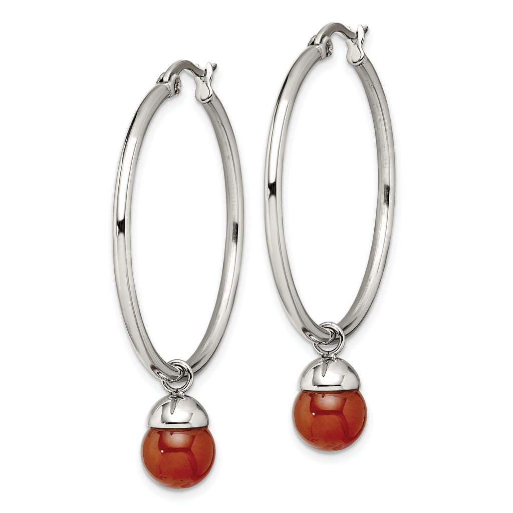 Red Agate Dangle Hoop Earrings in Stainless Steel