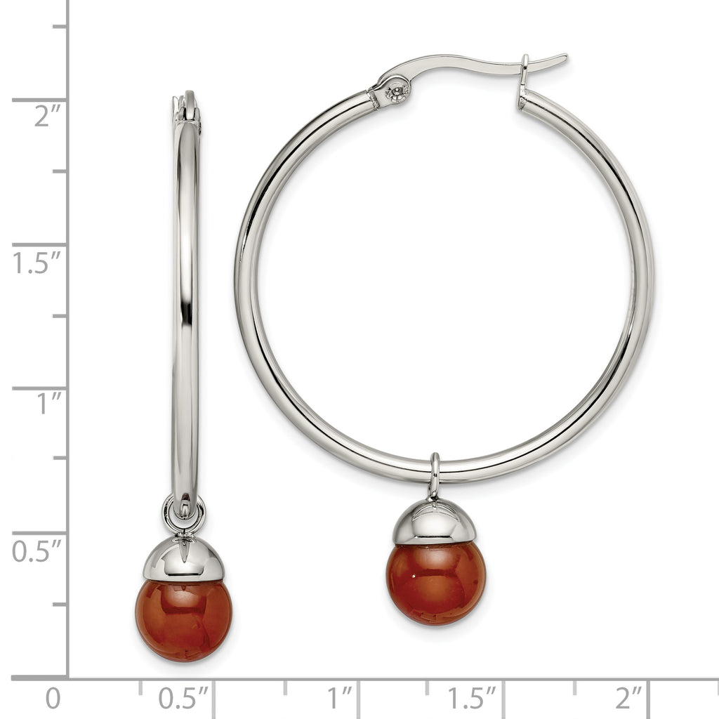 Red Agate Dangle Hoop Earrings in Stainless Steel