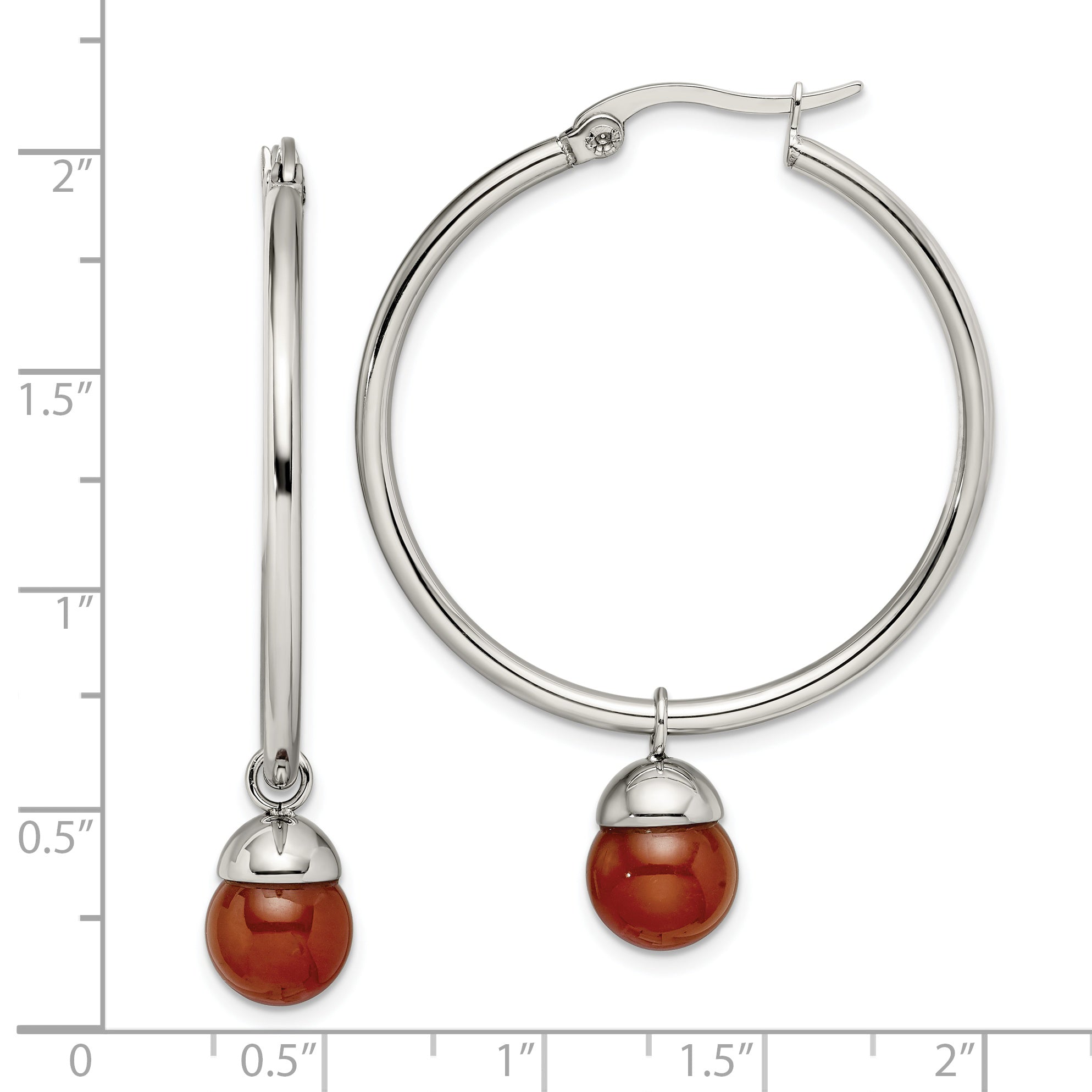 Red Agate Dangle Hoop Earrings in Stainless Steel