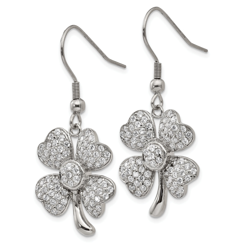 Four-Leaf Clover Dangle Earrings in Stainless Steel with CZ