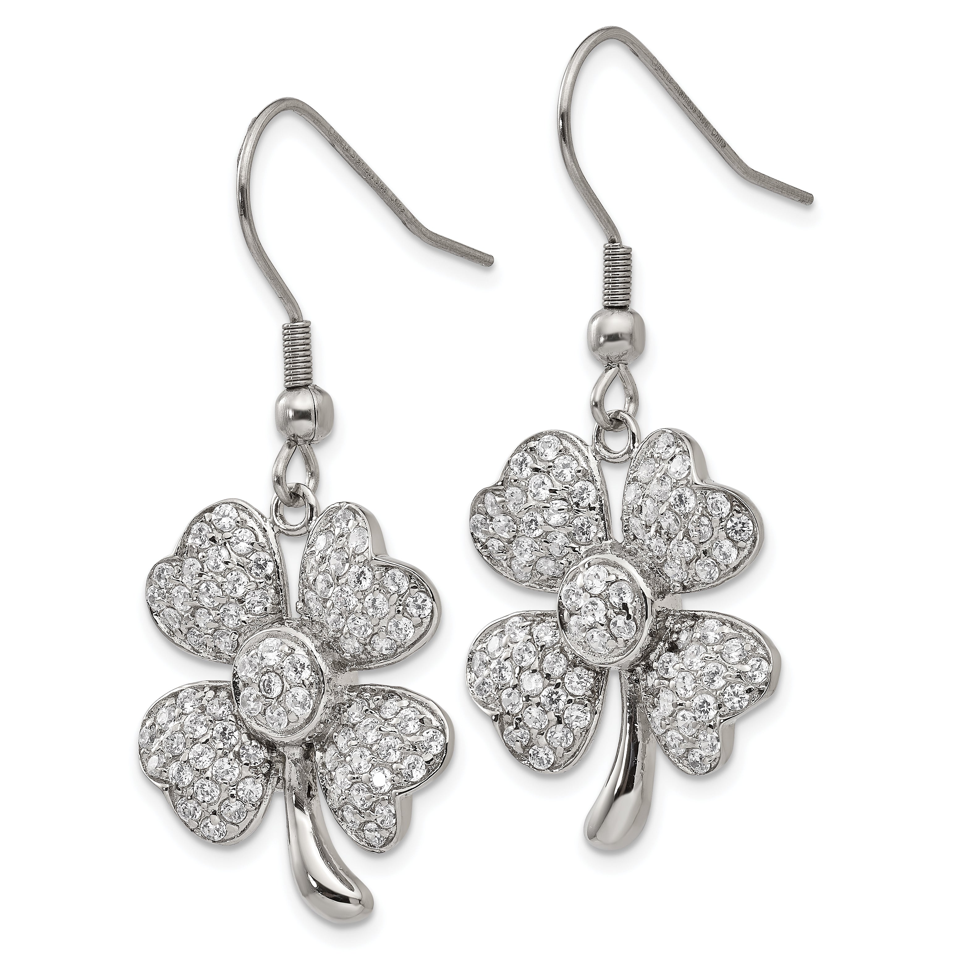 Four-Leaf Clover Dangle Earrings in Stainless Steel with CZ