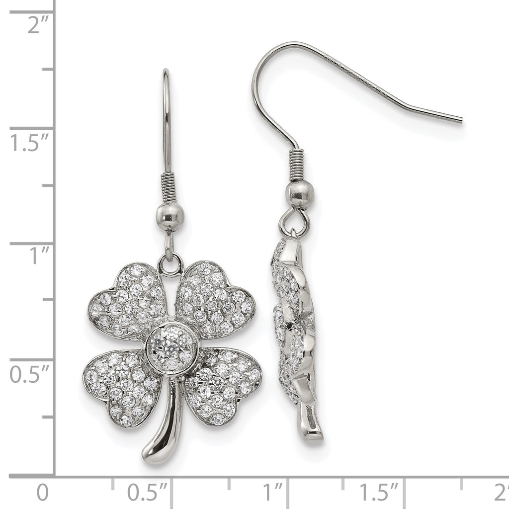 Four-Leaf Clover Dangle Earrings in Stainless Steel with CZ