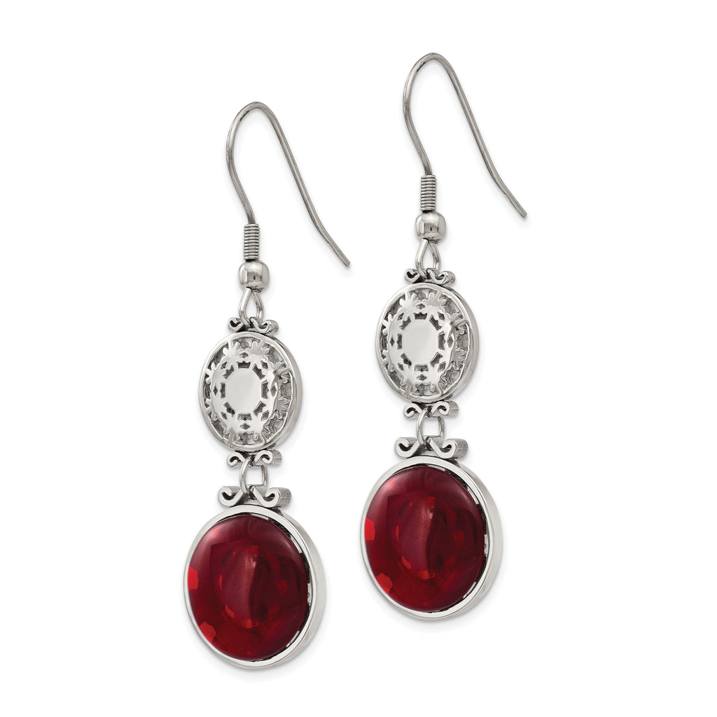 Red Glass Dangle Shepherd Hook Earrings in Stainless Steel