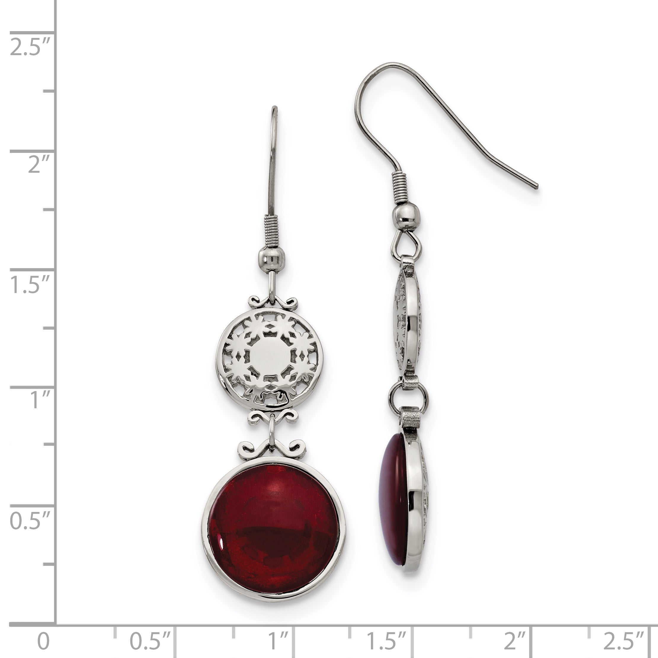 Red Glass Dangle Shepherd Hook Earrings in Stainless Steel