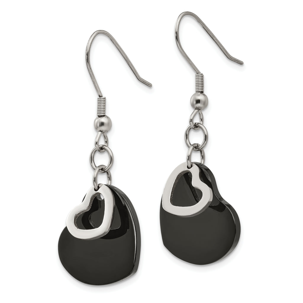 Black Heart Dangle Earrings in Stainless Steel