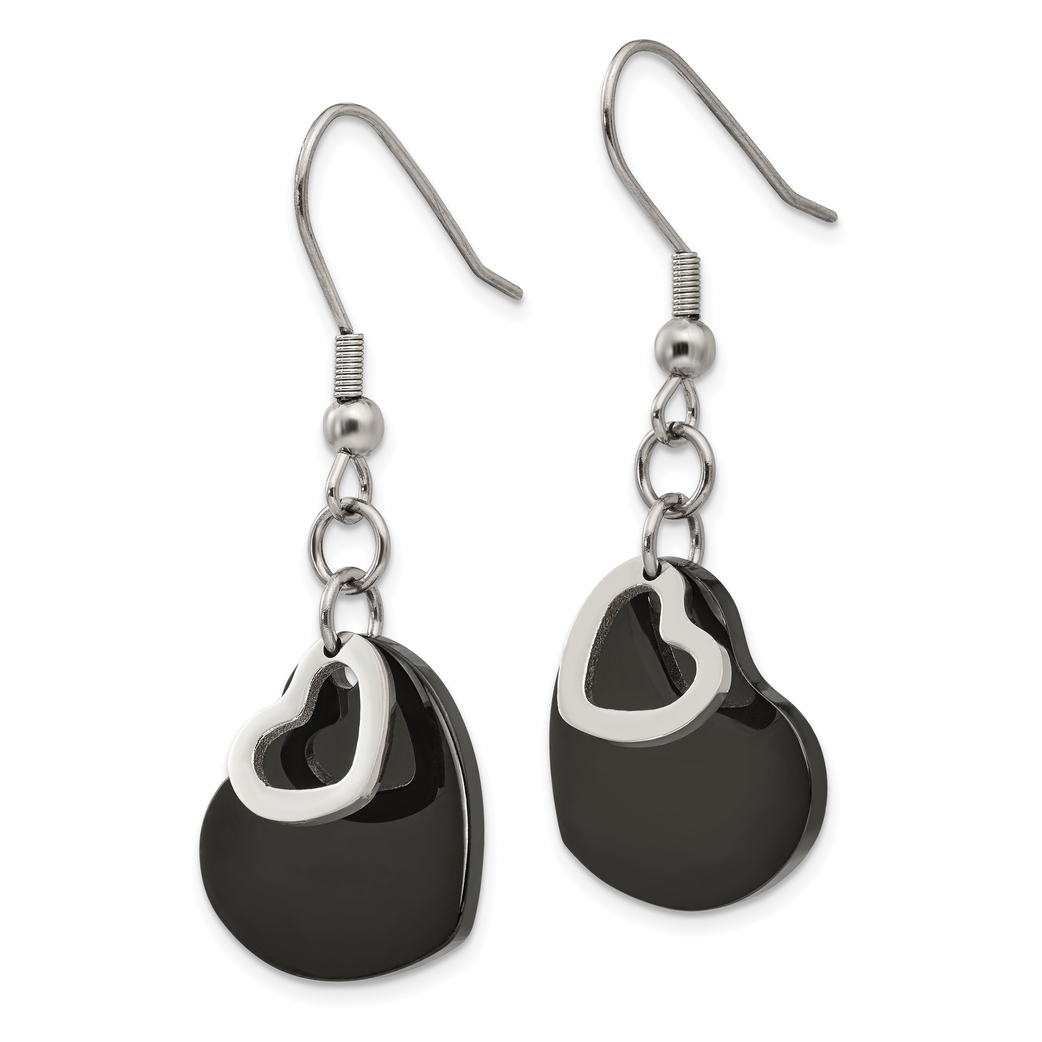 Black Heart Dangle Earrings in Stainless Steel